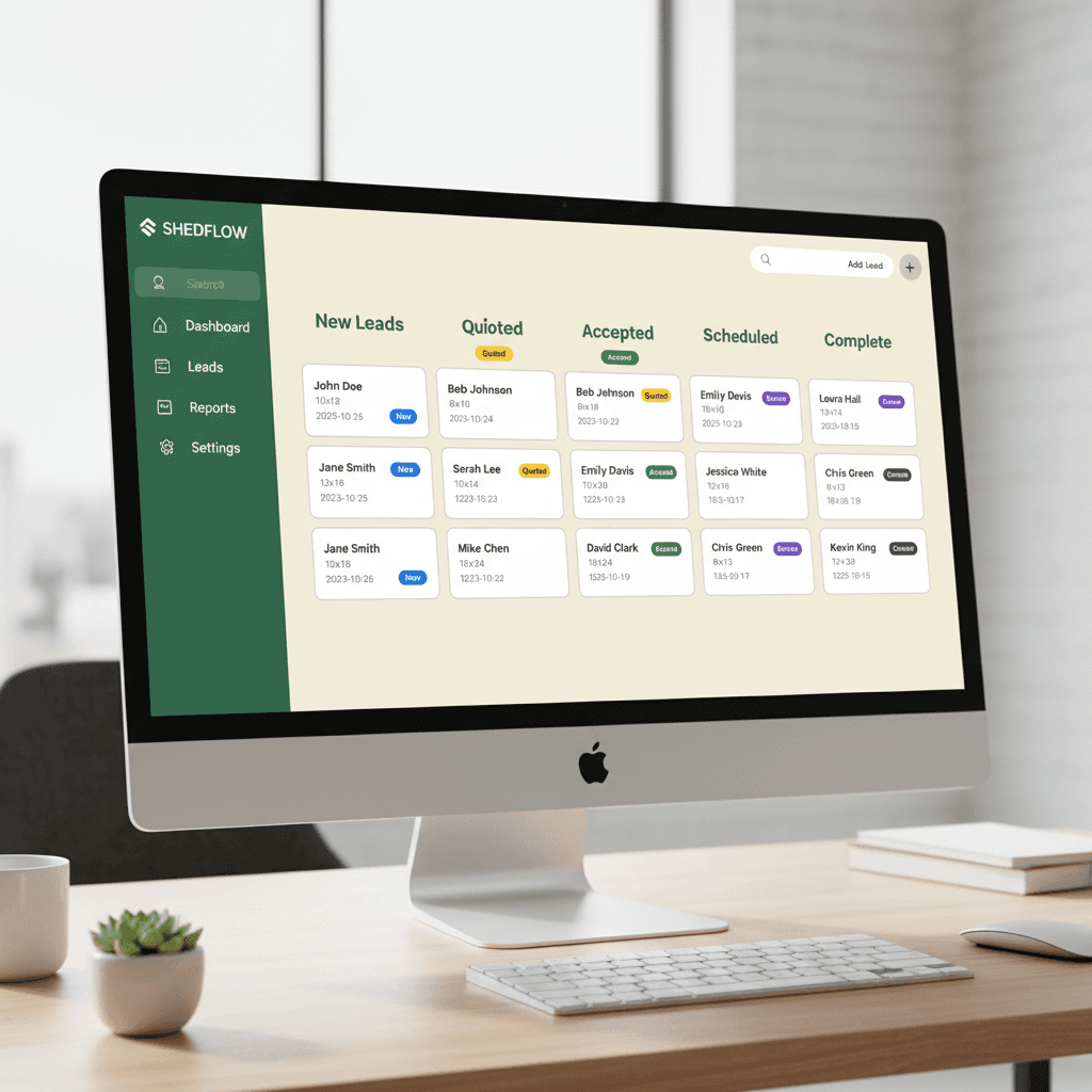 Lead pipeline dashboard with kanban columns showing New Leads, Quoted, Accepted, Scheduled, and Complete