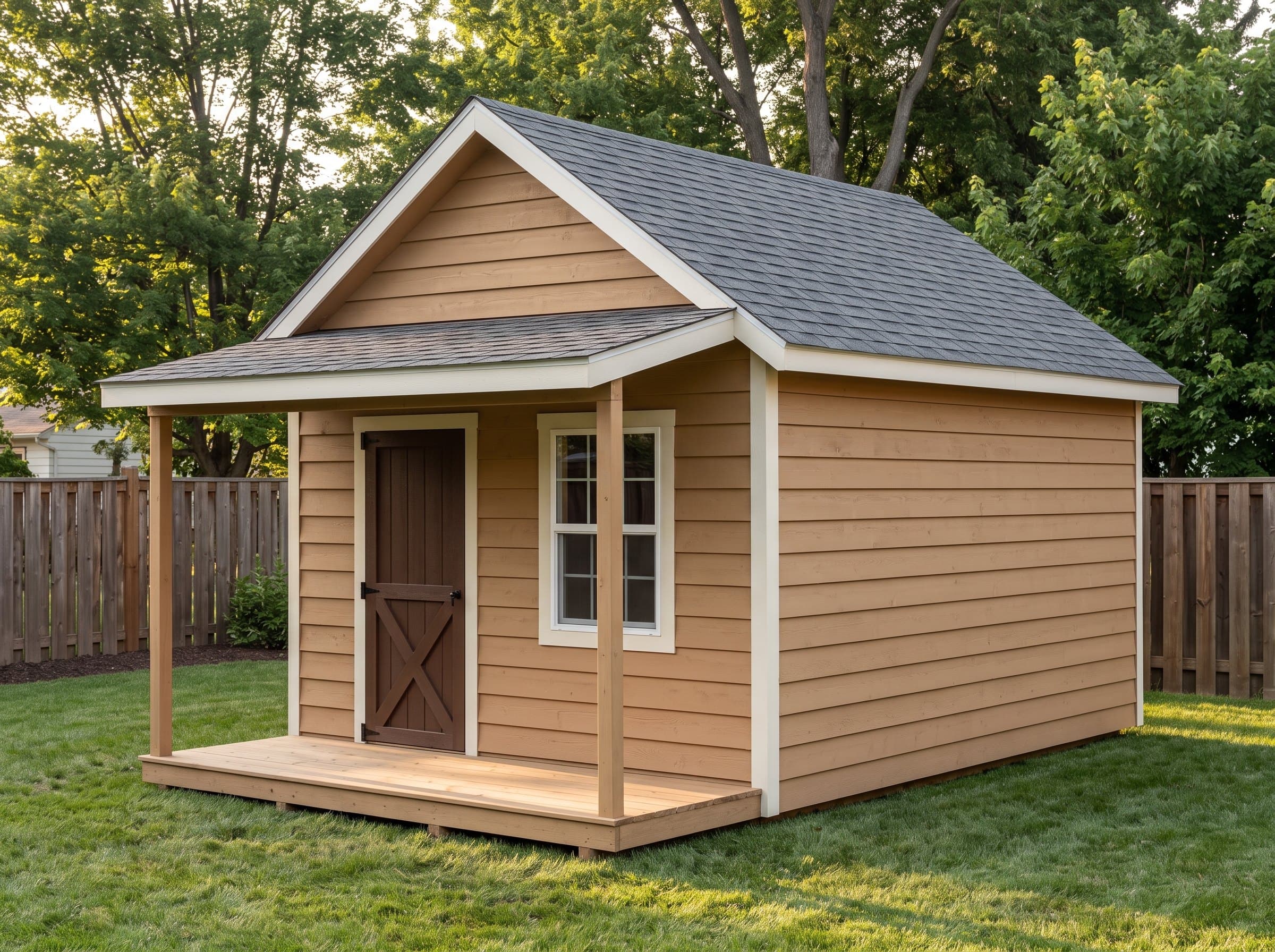 10×16 Cabin Shed with Porch — photorealistic render