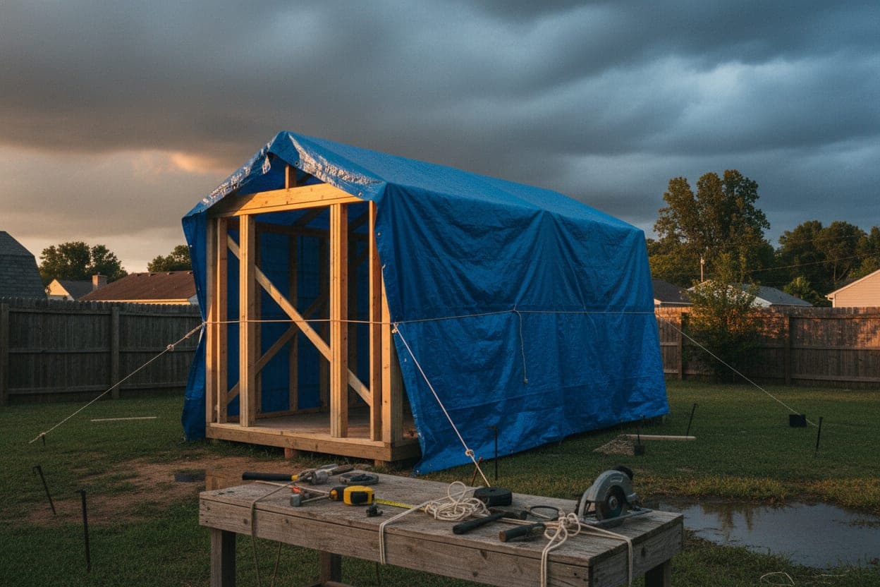 Storm clouds rolling in over a half-finished shed under a blue tarp.