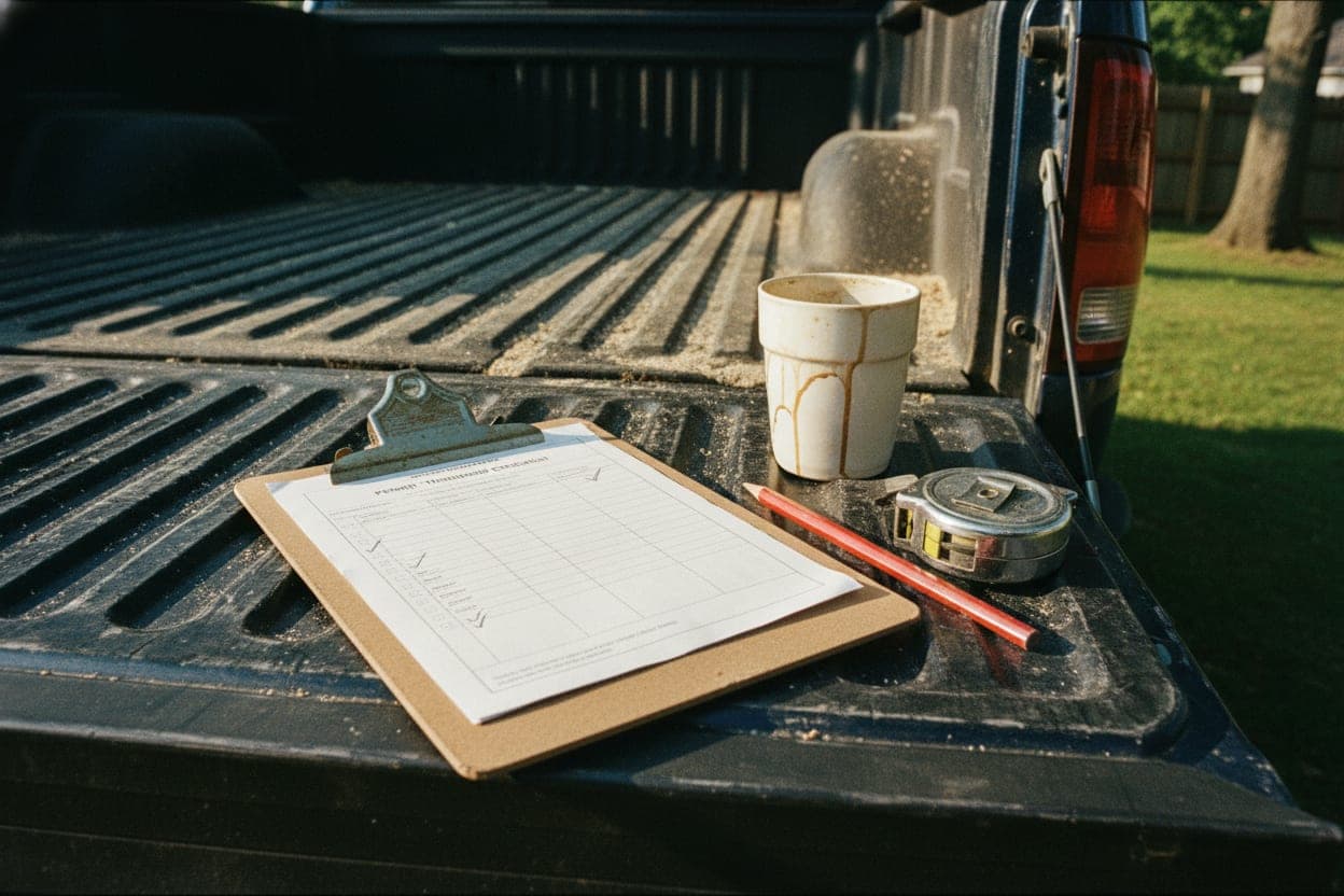 A clipboard with a permit checklist on the tailgate of a contractor pickup truck.