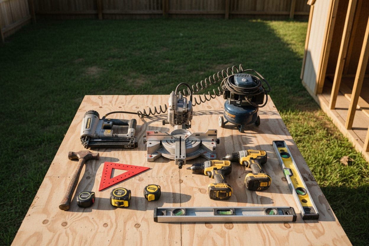 A neat layout of essential framing tools — nailer, circular saw, miter saw — on a workshop bench.
