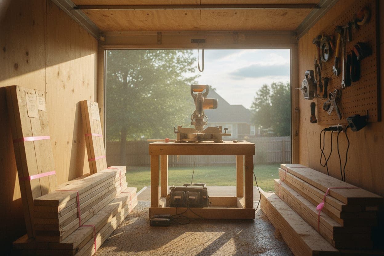 Bundled and labeled framing lumber strapped with bright banding inside an enclosed work trailer.