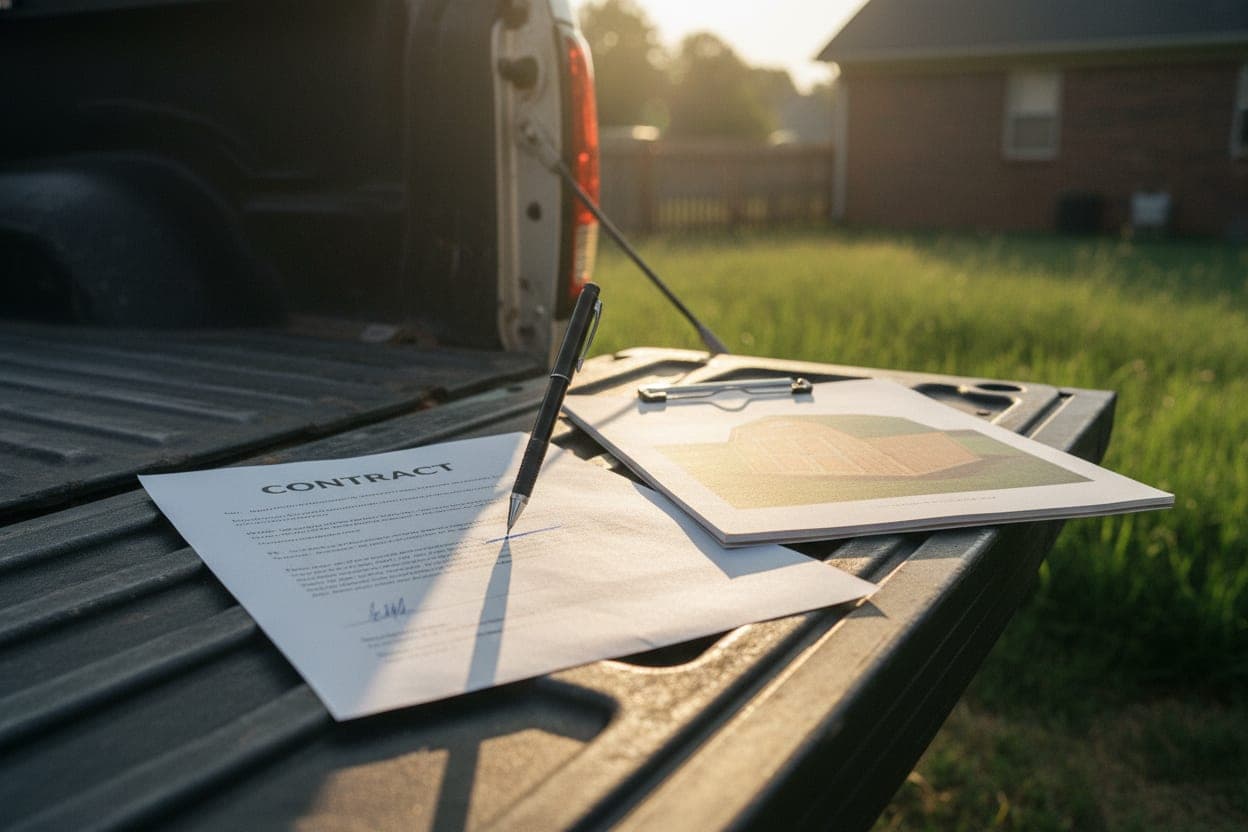 A one-page shed-build contract being signed on a tailgate.