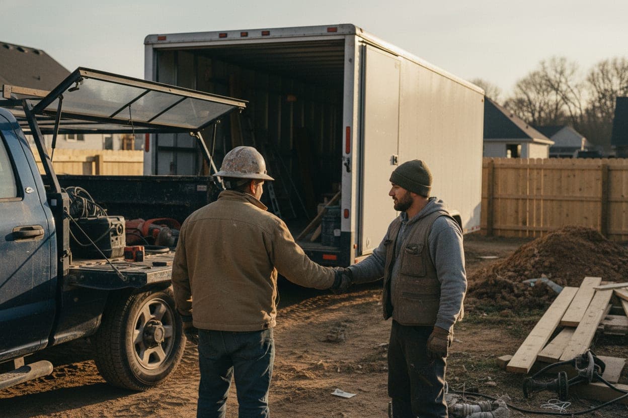 A foreman shaking hands with a new crew member next to a project truck.