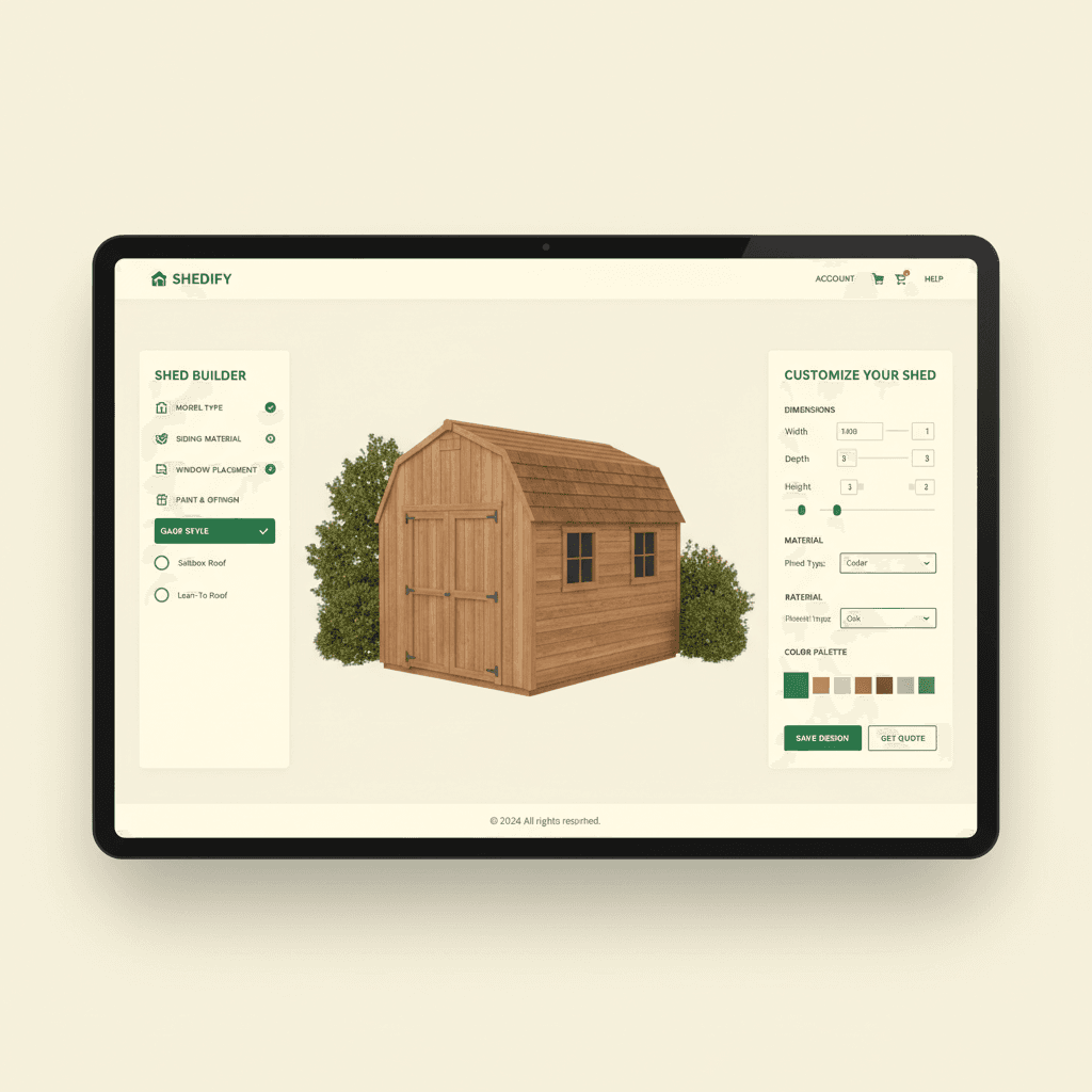 3D shed configurator showing a custom wooden shed with configuration options for size, roof style, siding, and doors