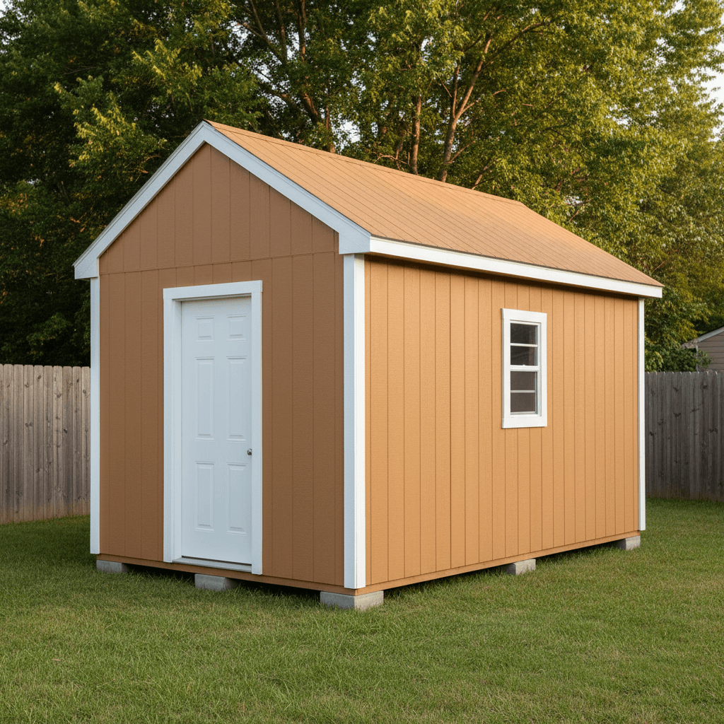 AI-generated photorealistic render of a custom shed in a backyard setting