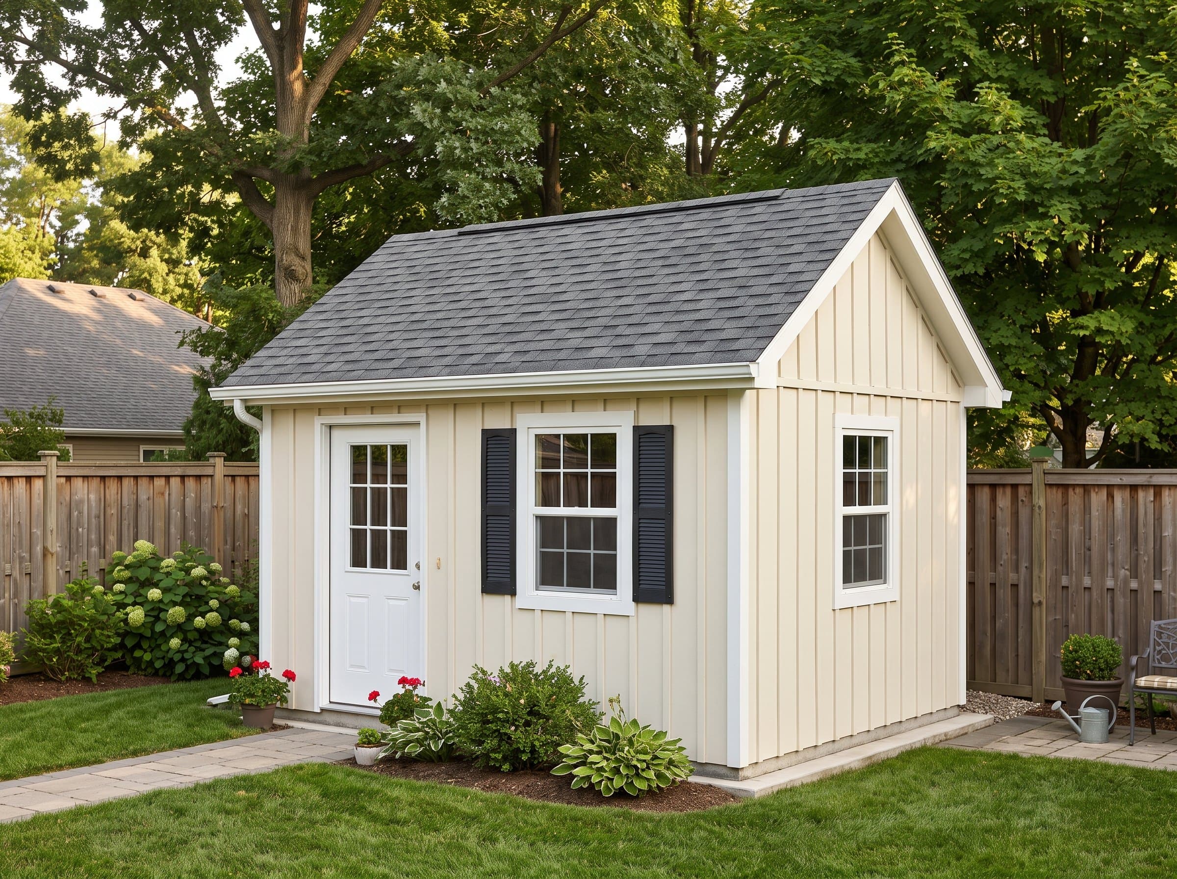10×14 Board & Batten She Shed — photorealistic render