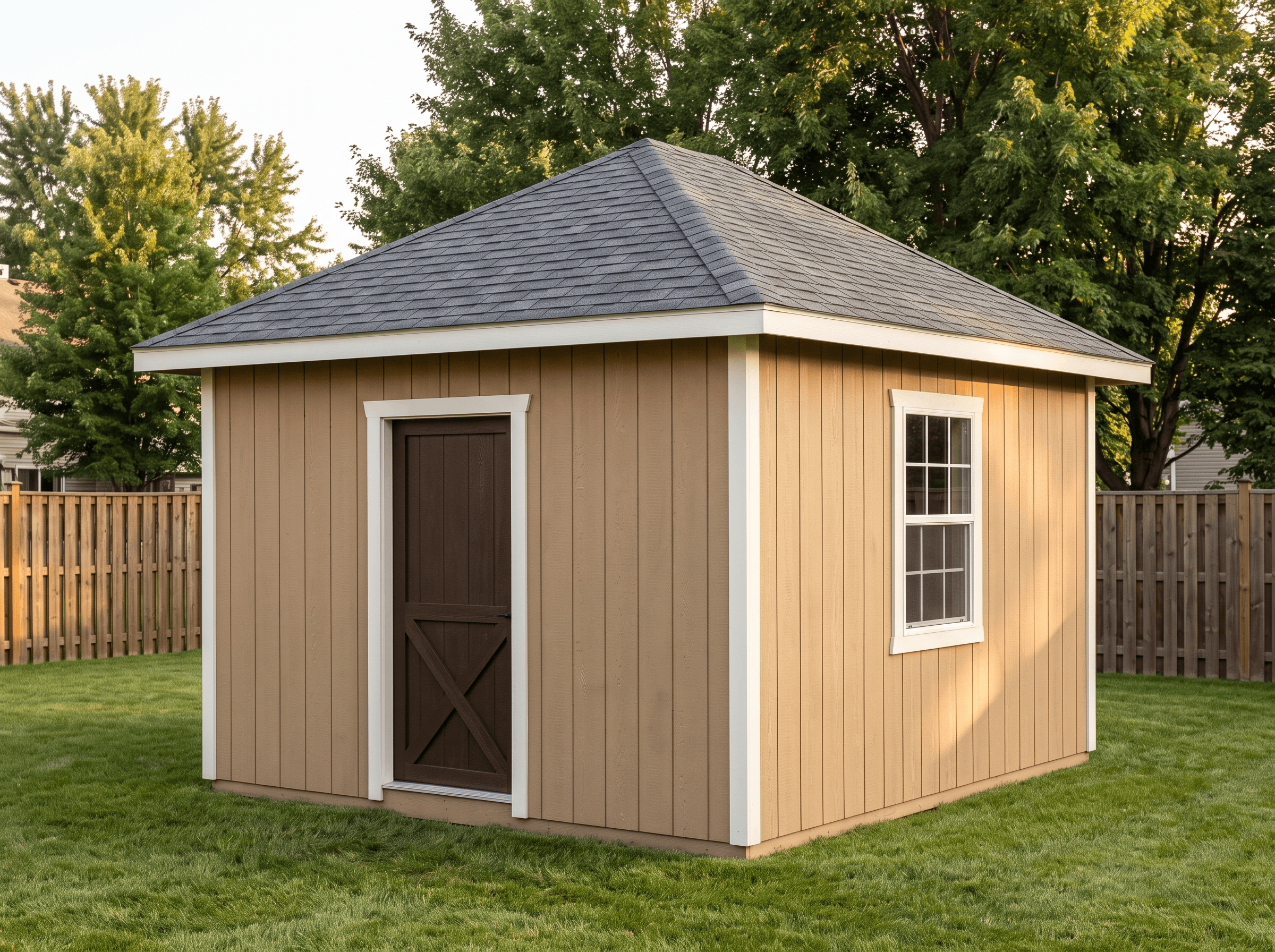 12×16 Hip Cottage Shed — photorealistic render