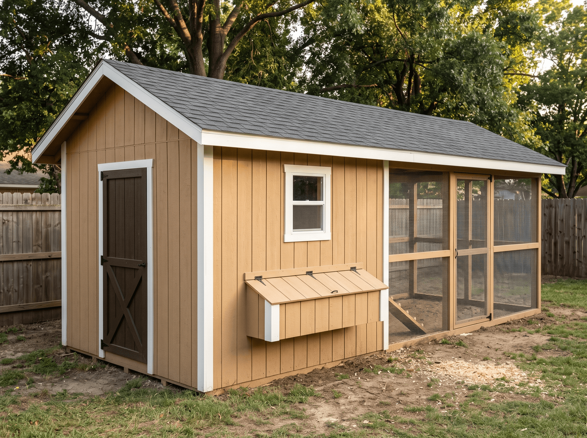 12×20 Chicken Coop with Run for Up to 20 Chickens — photorealistic render