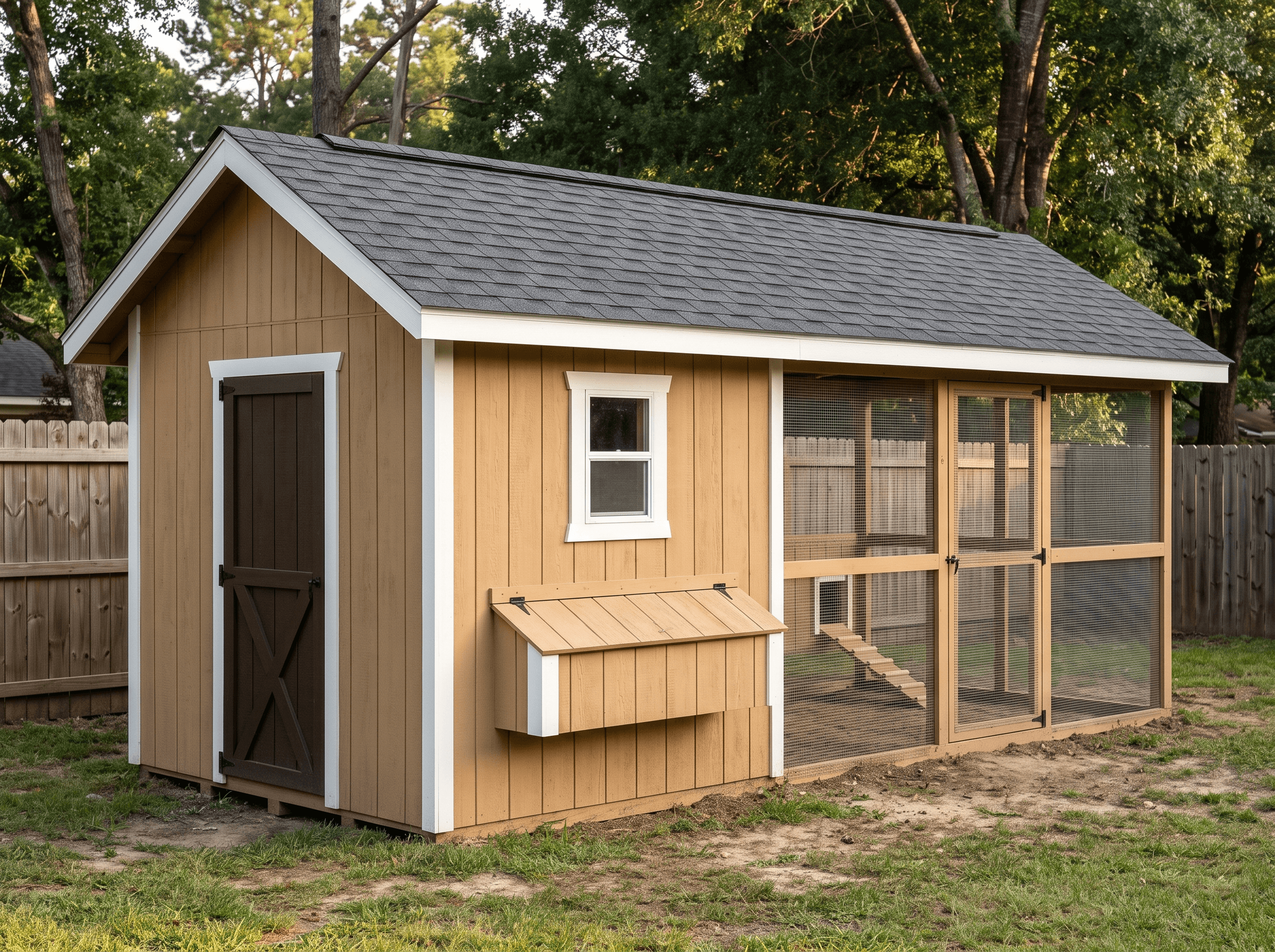 8×12 Chicken Coop with Run for Up to 8 Chickens — photorealistic render