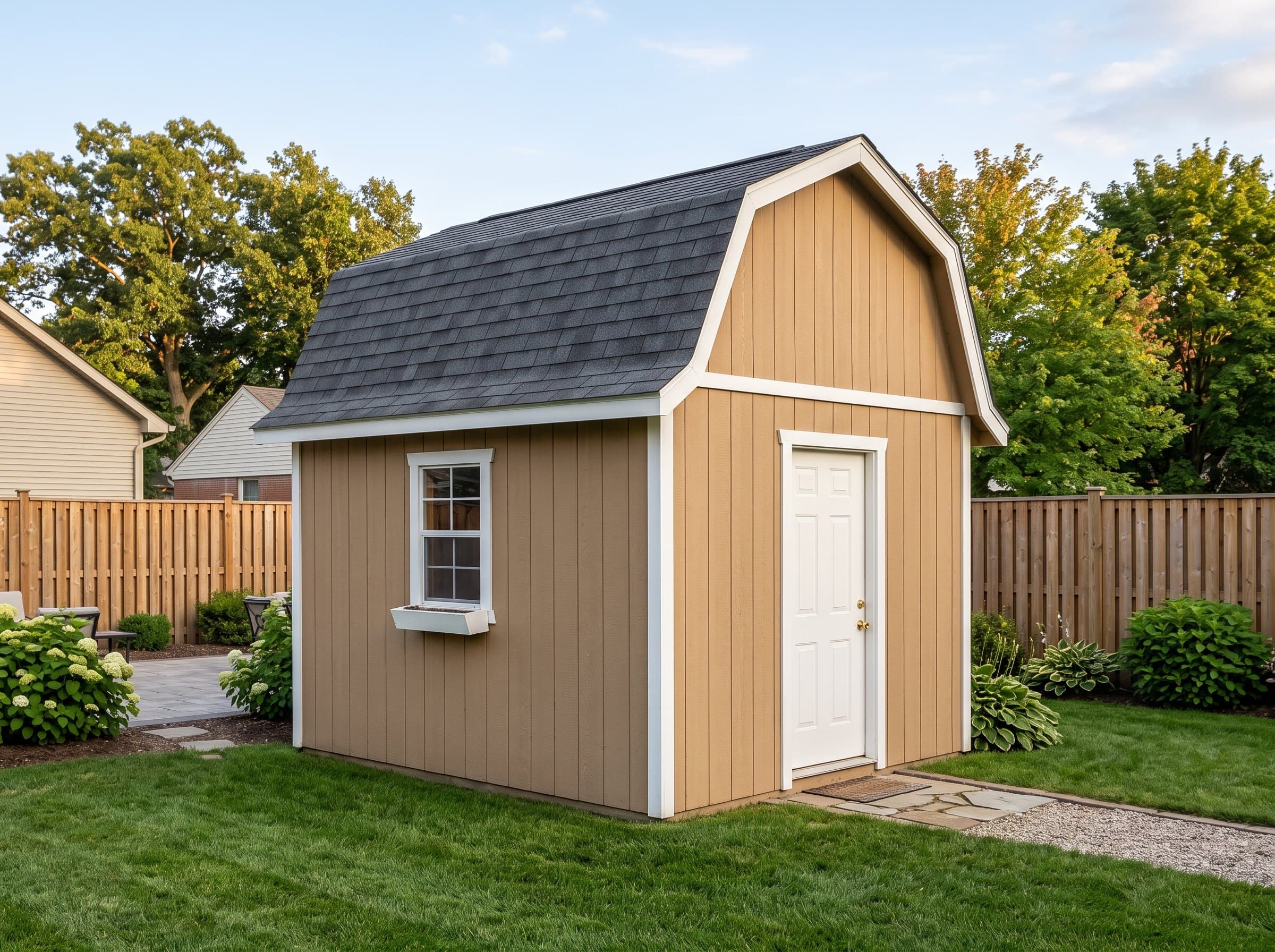 8×8 Gambrel Mini Barn — photorealistic render