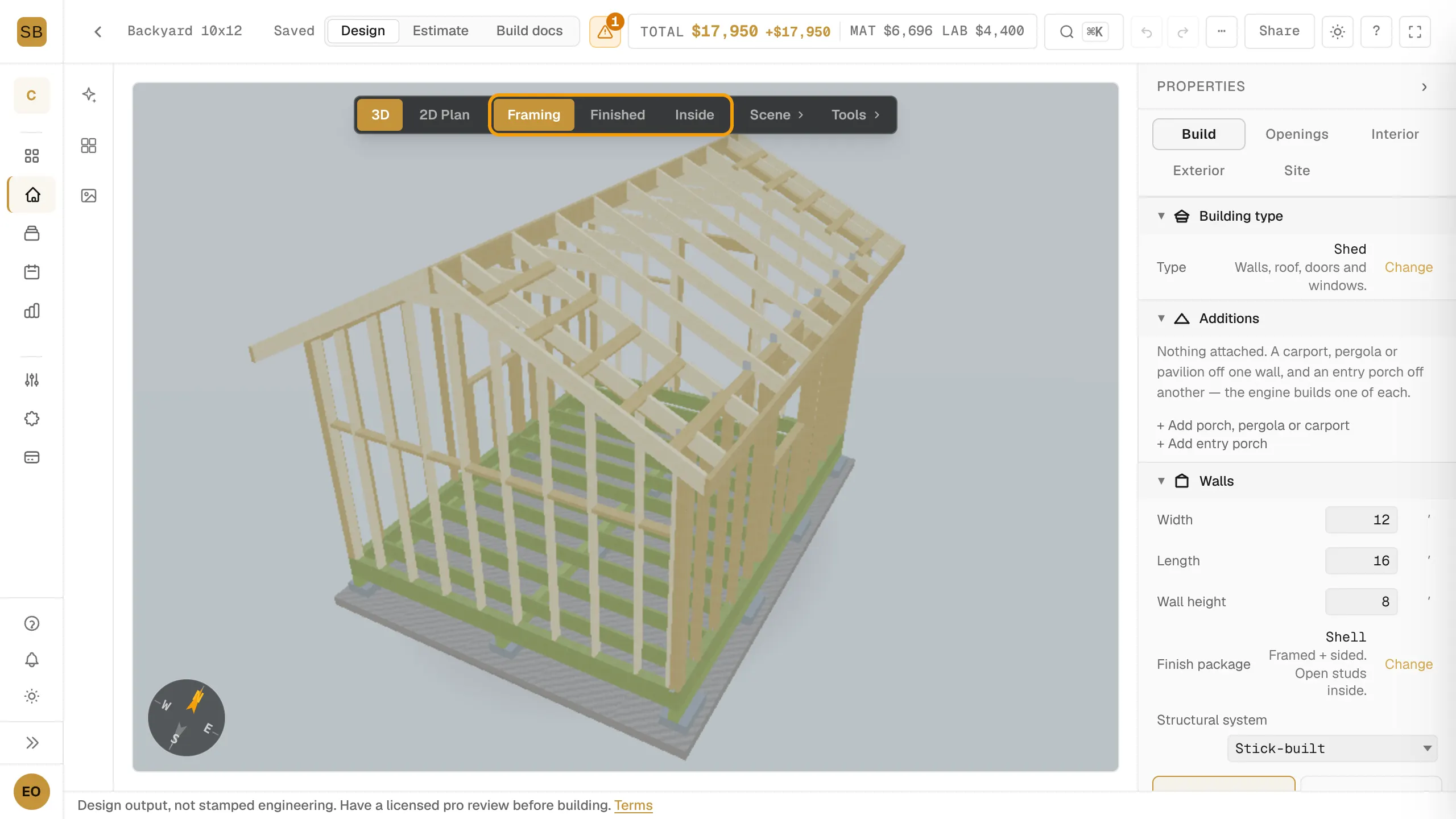 The floating 3D toolbar with the Framing, Finished and Inside render modes outlined.
