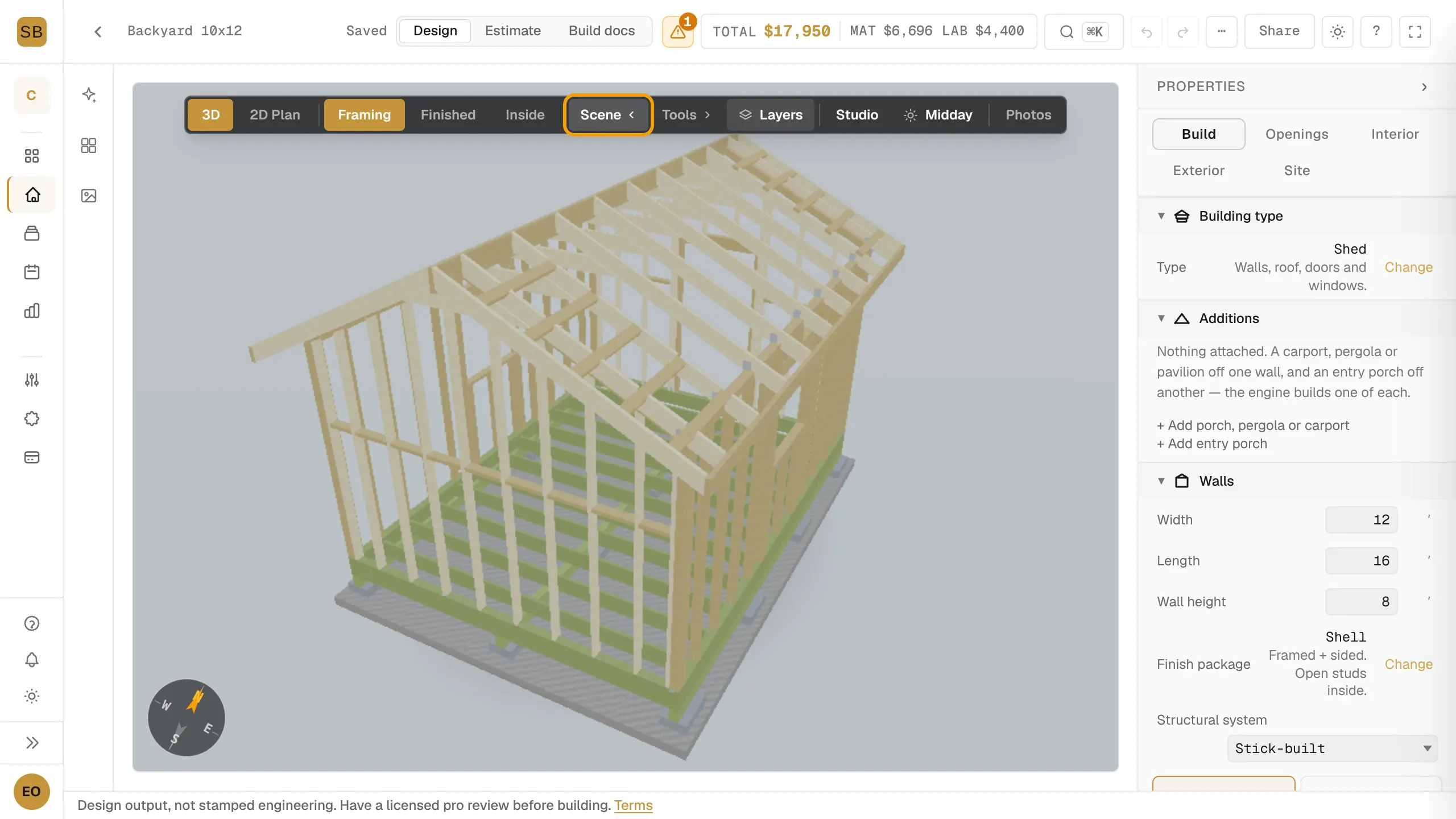 The 3D toolbar with the Scene button outlined and its settings panel open.