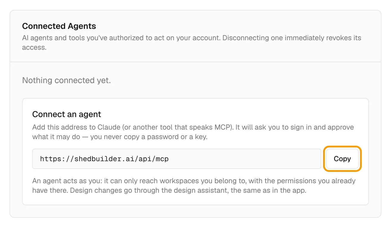 The Connected Agents card with the MCP address and the Copy button ringed.