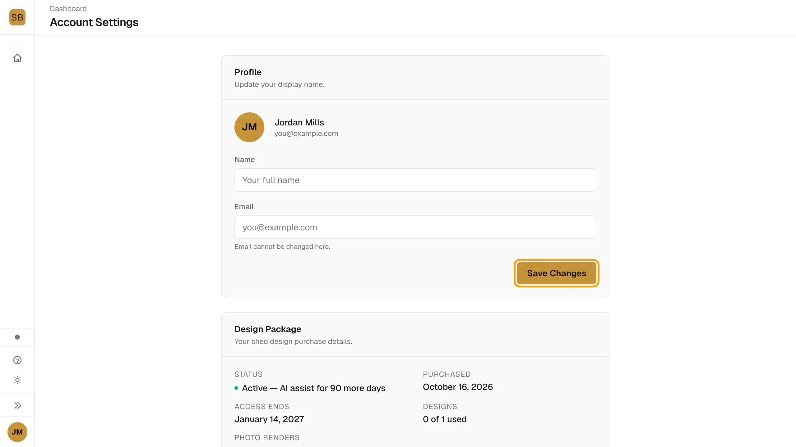 The Account Settings page with the Profile card and the Save Changes button ringed.