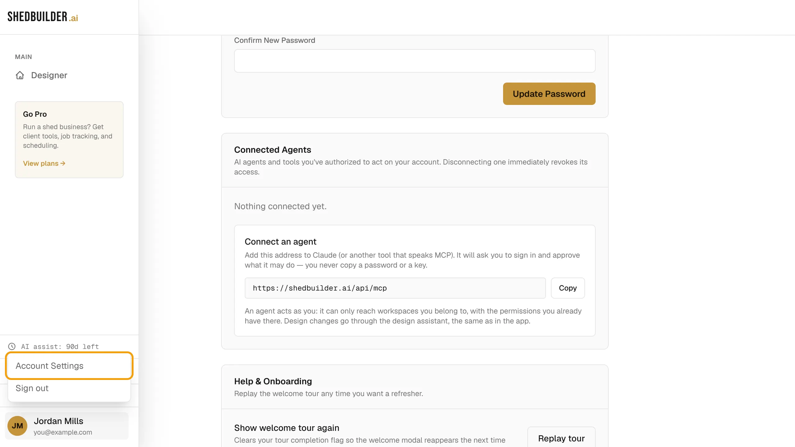 The sidebar user menu open with Account Settings ringed.