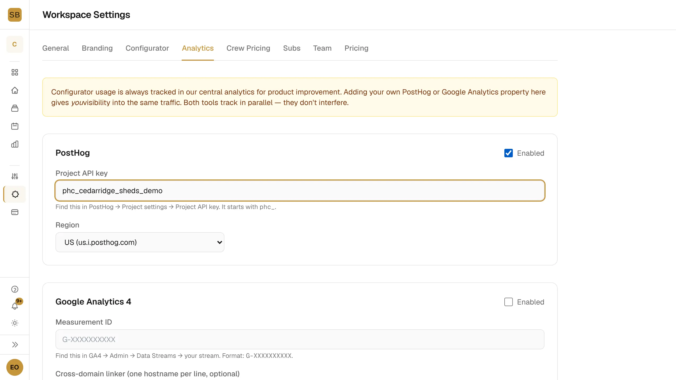Settings Analytics with PostHog enabled, an API key entered and Save Analytics outlined.