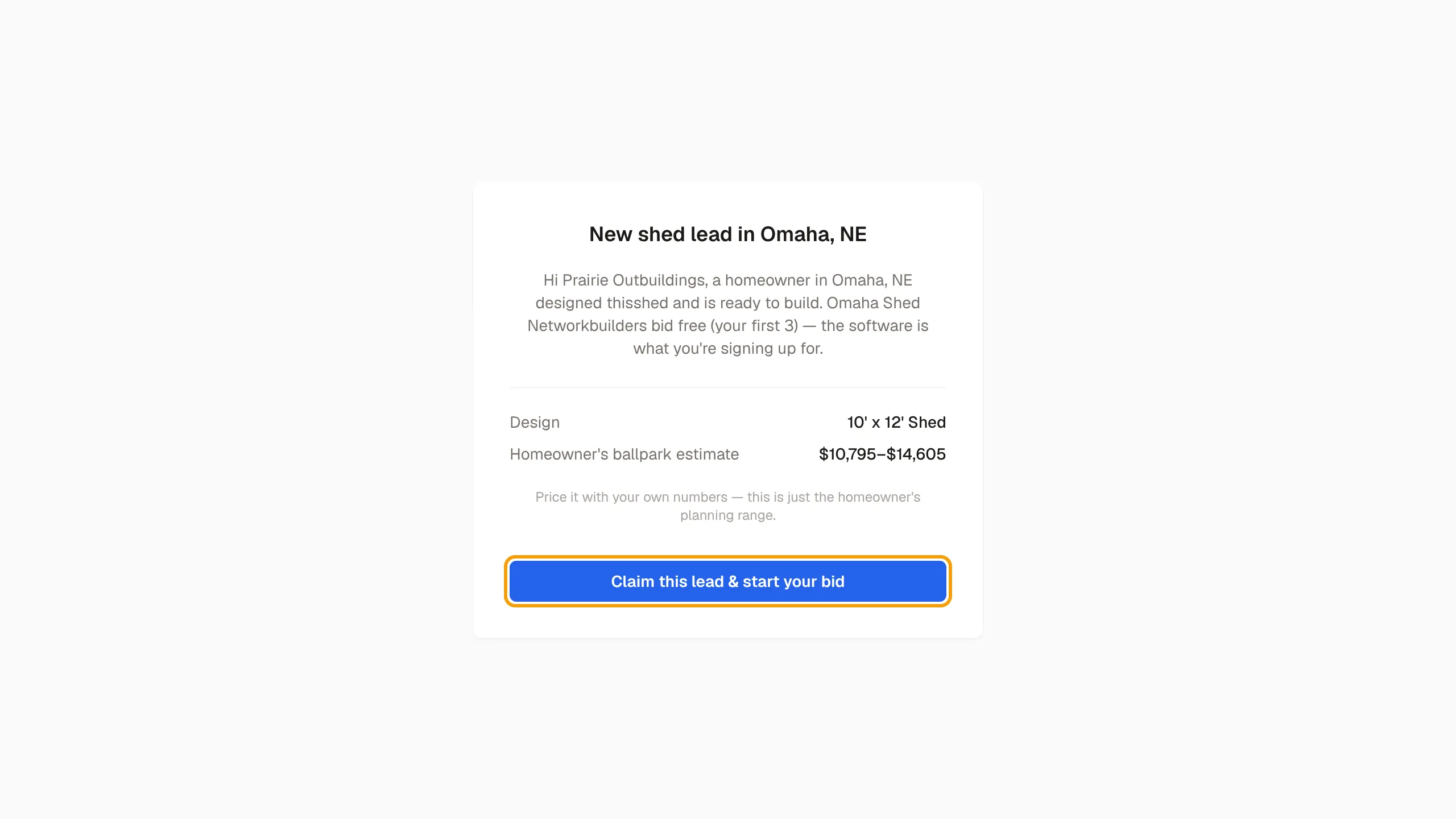 The bid invitation page showing the lead summary and the Claim this lead and start your bid button outlined.