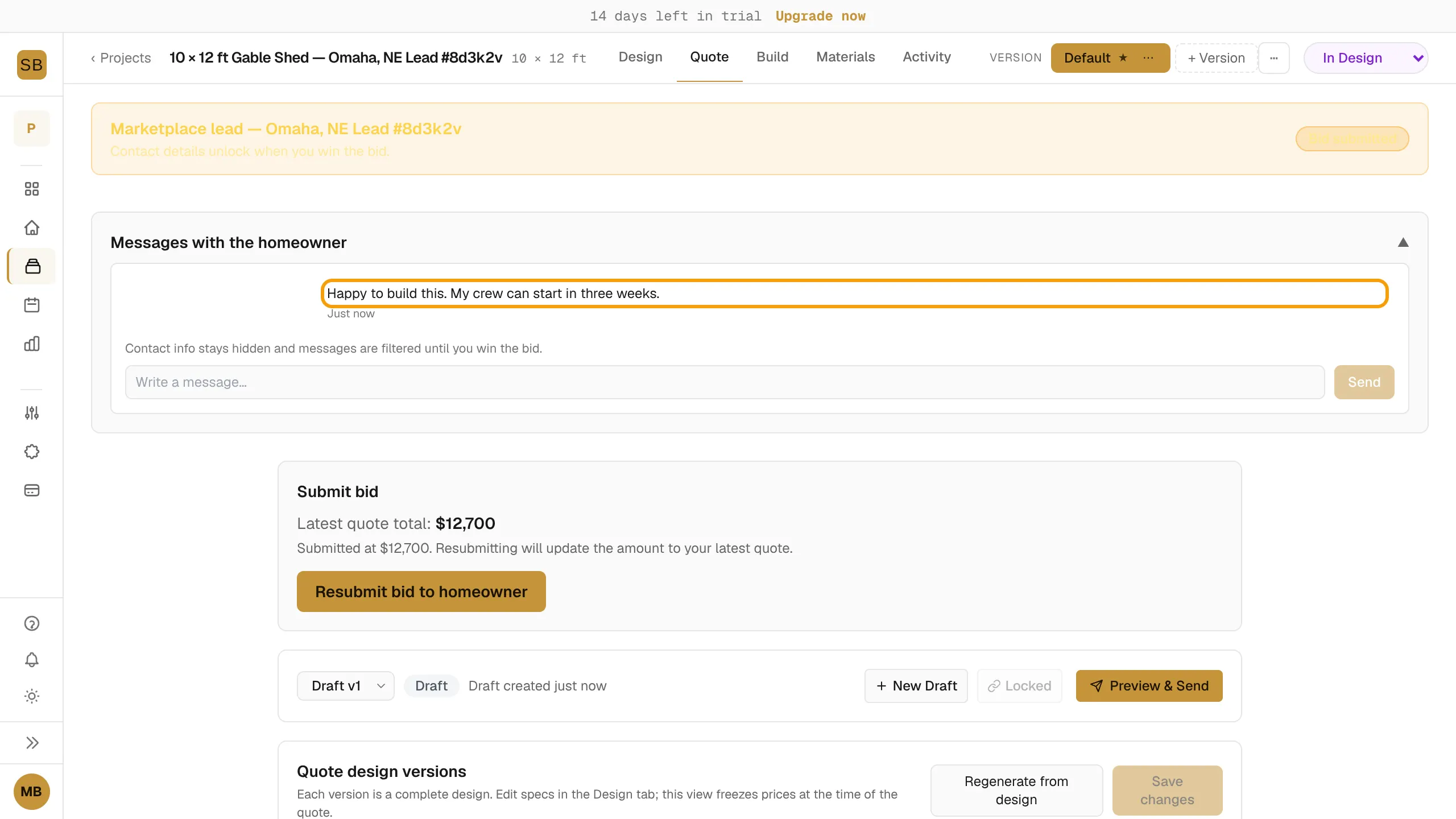 The bid message thread with a message to the homeowner.