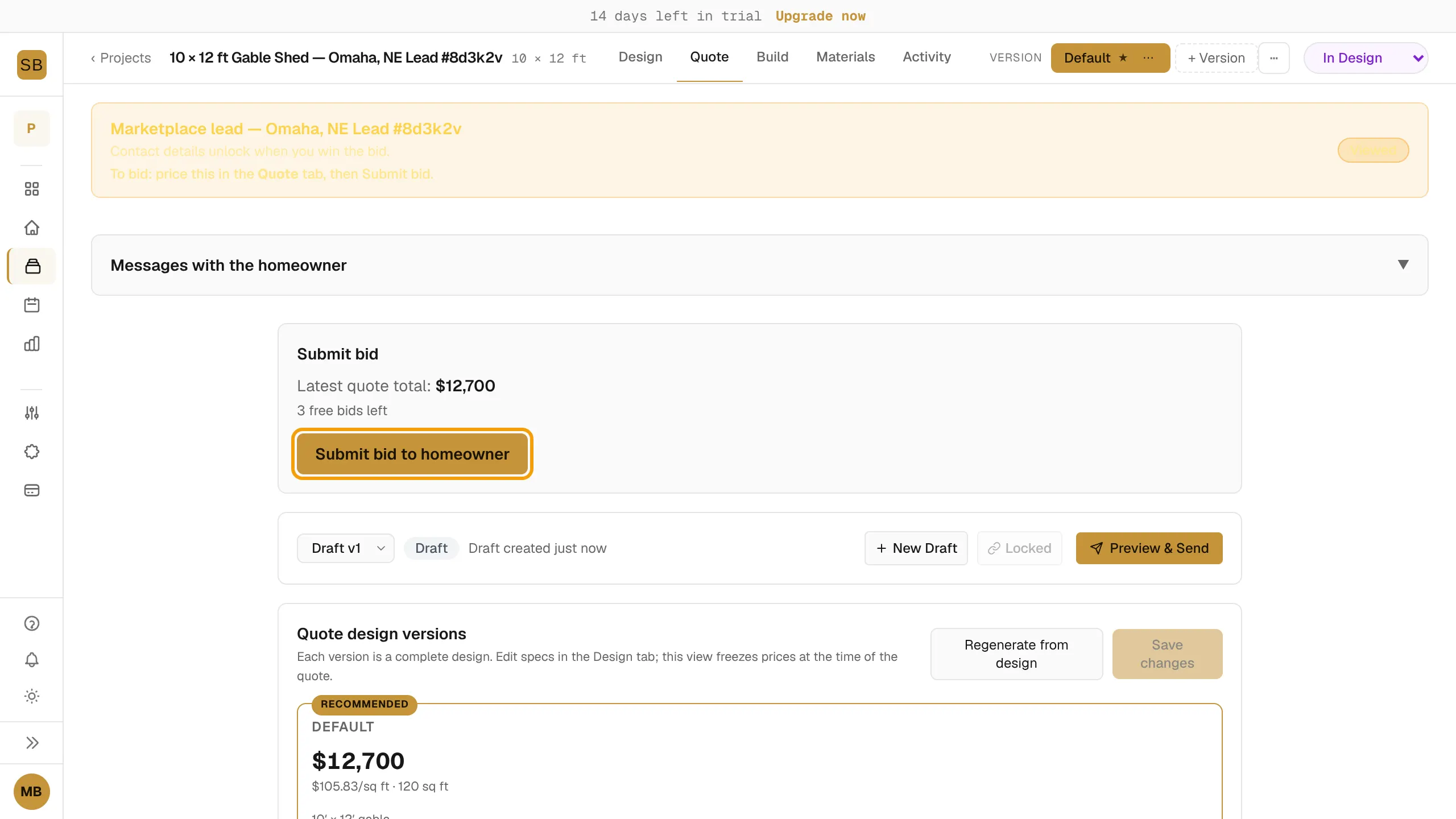 The Submit bid panel on the Quote tab with the Submit bid to homeowner button outlined.