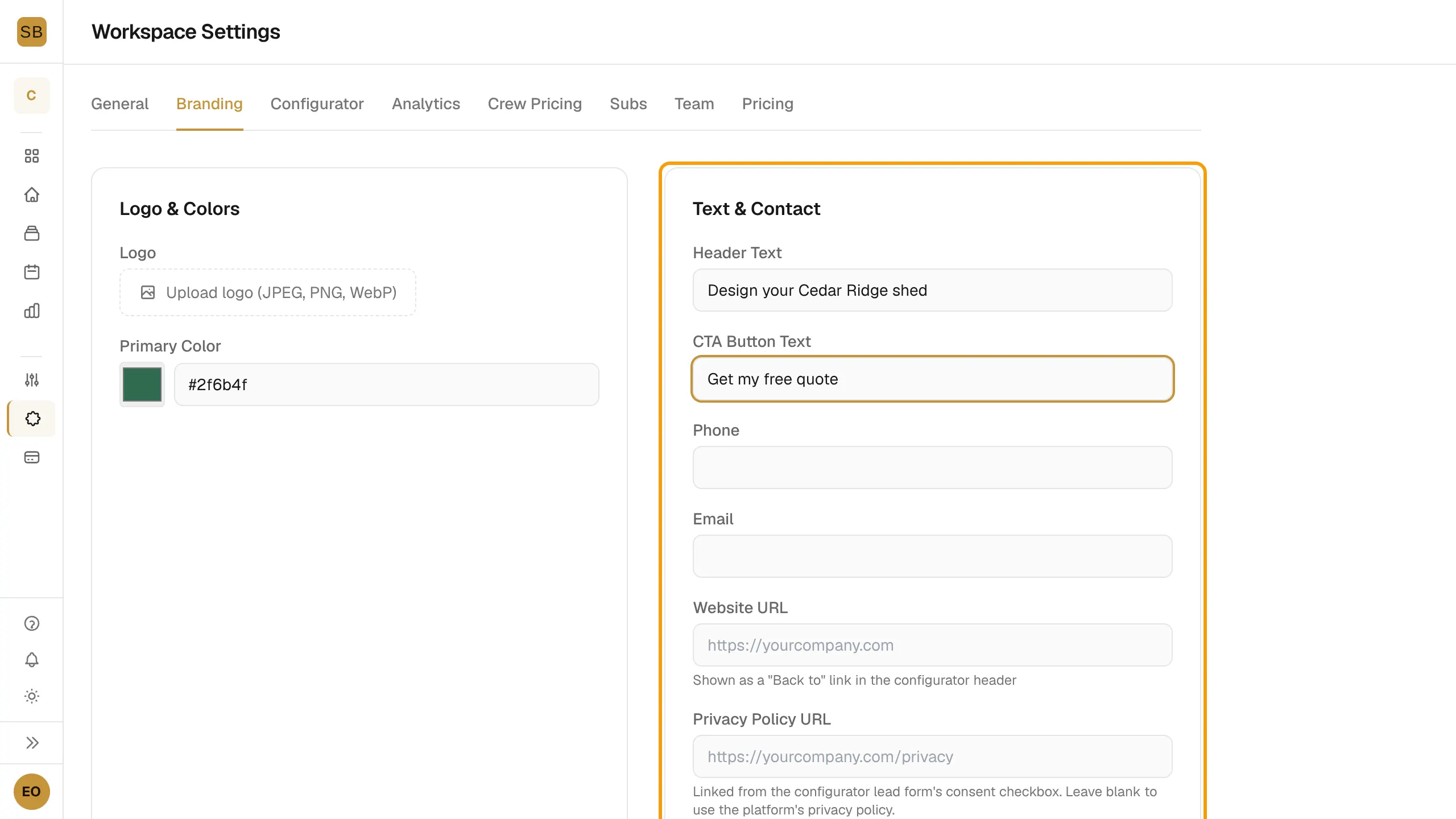 The Branding tab with the Text and Contact card showing header text, CTA button text and contact fields.