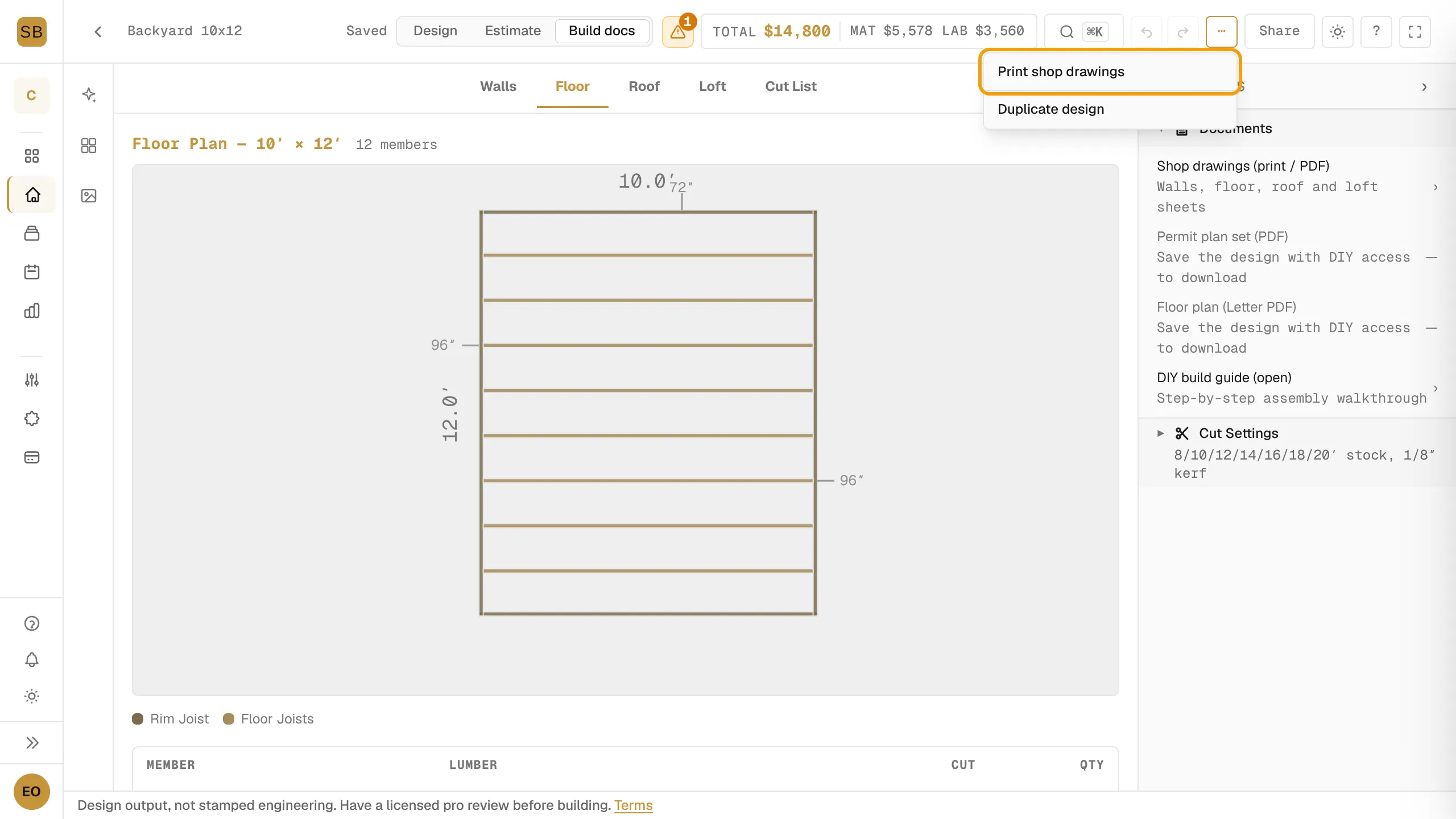 The More actions menu open with Print shop drawings ringed.