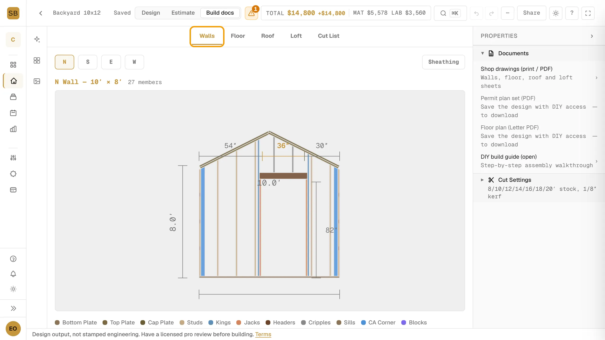 The Build docs workspace on the Walls tab, showing the framing elevation of one wall with the Walls tab ringed.