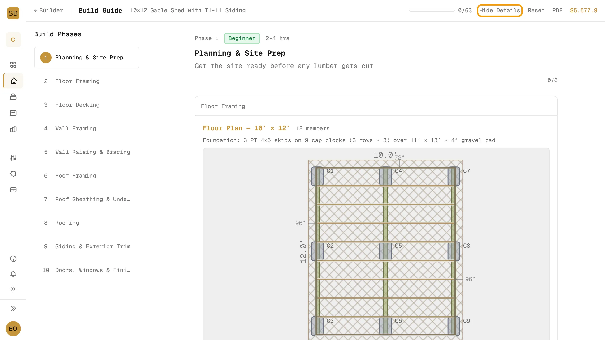 The Build Guide header with the progress bar, Hide Details, Reset and PDF controls and the phase list on the left.