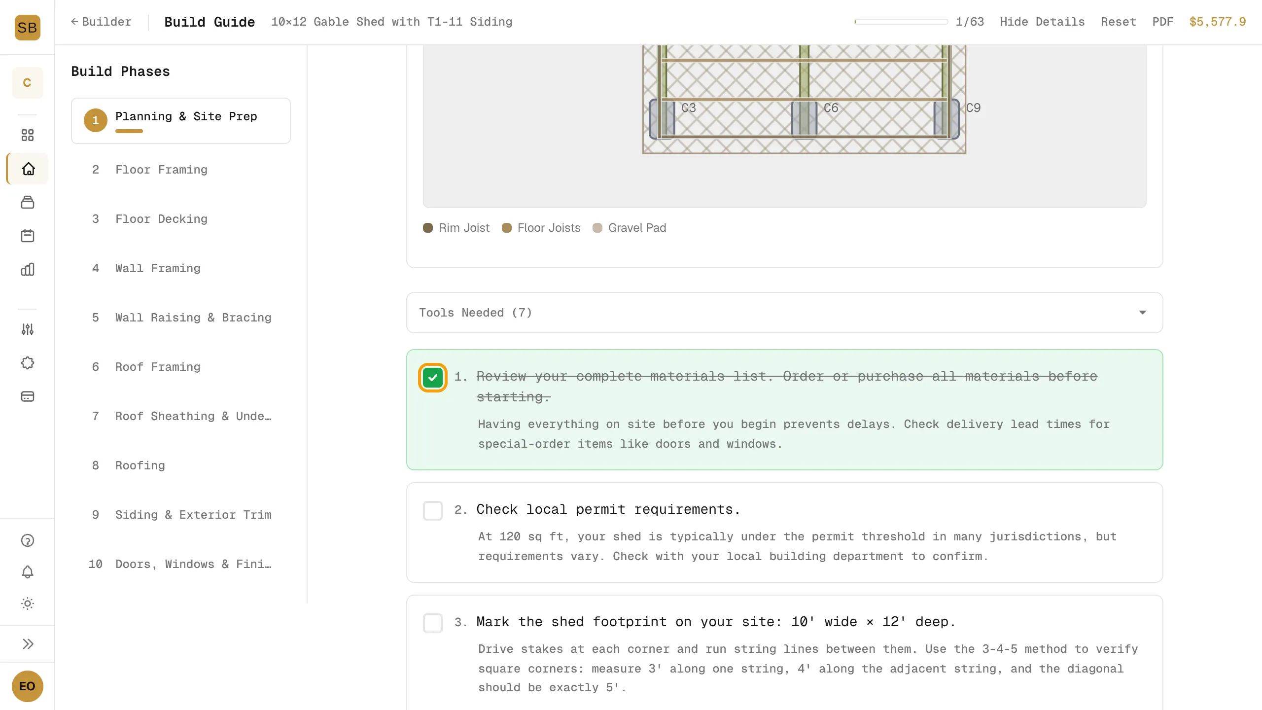 A phase with its safety notes and a step ticked off as complete.