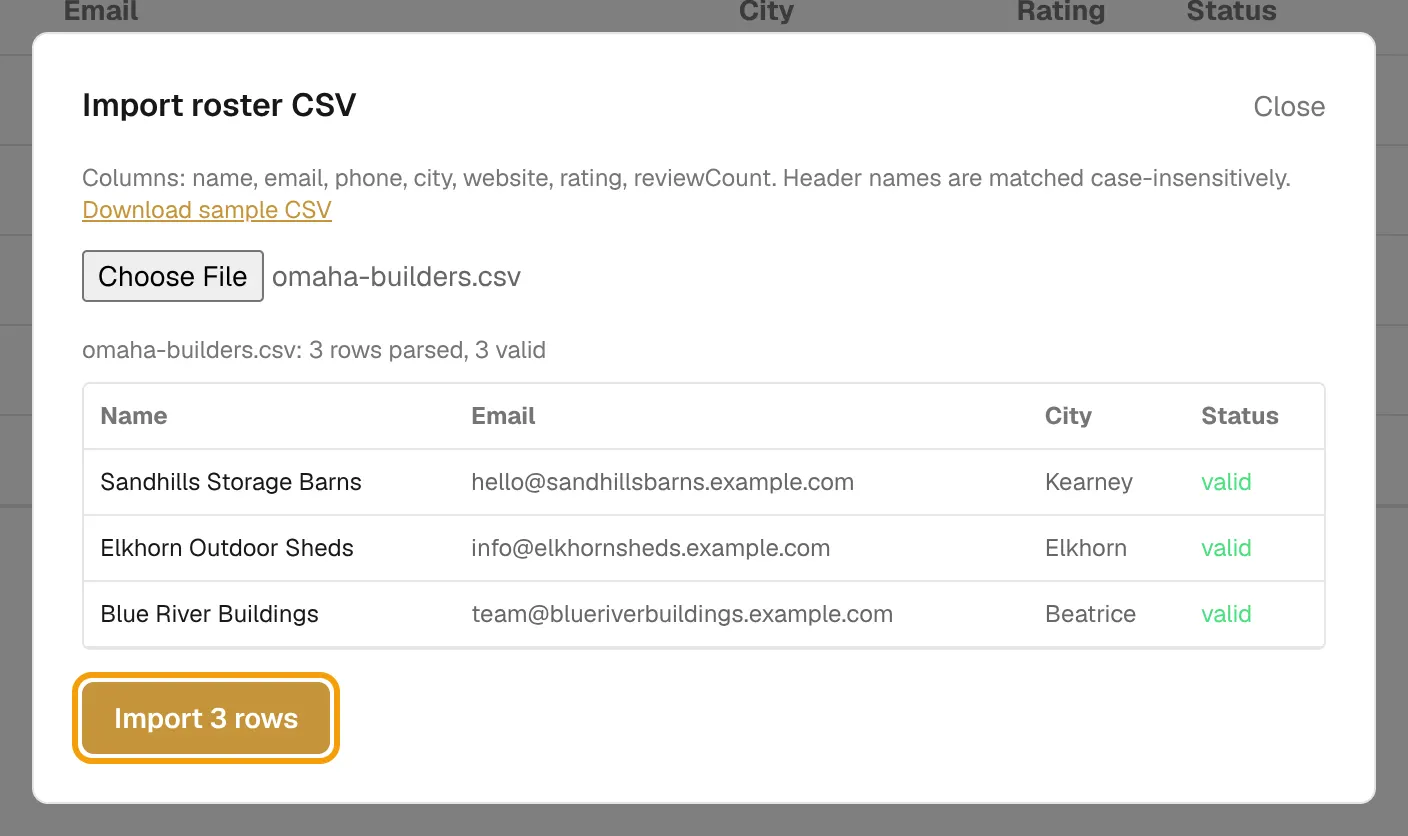 The Import roster CSV dialog previewing three valid rows with the Import 3 rows button outlined.