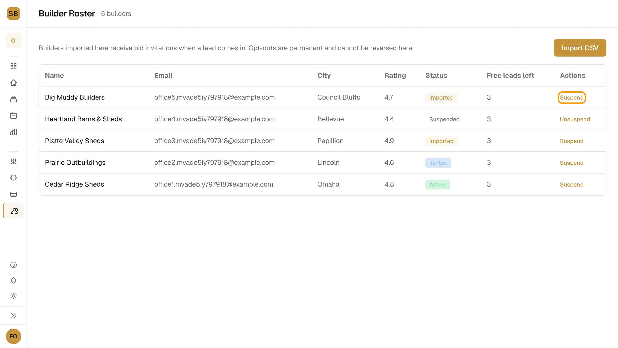 The Builder Roster table with statuses and free leads left, and the Suspend button outlined.