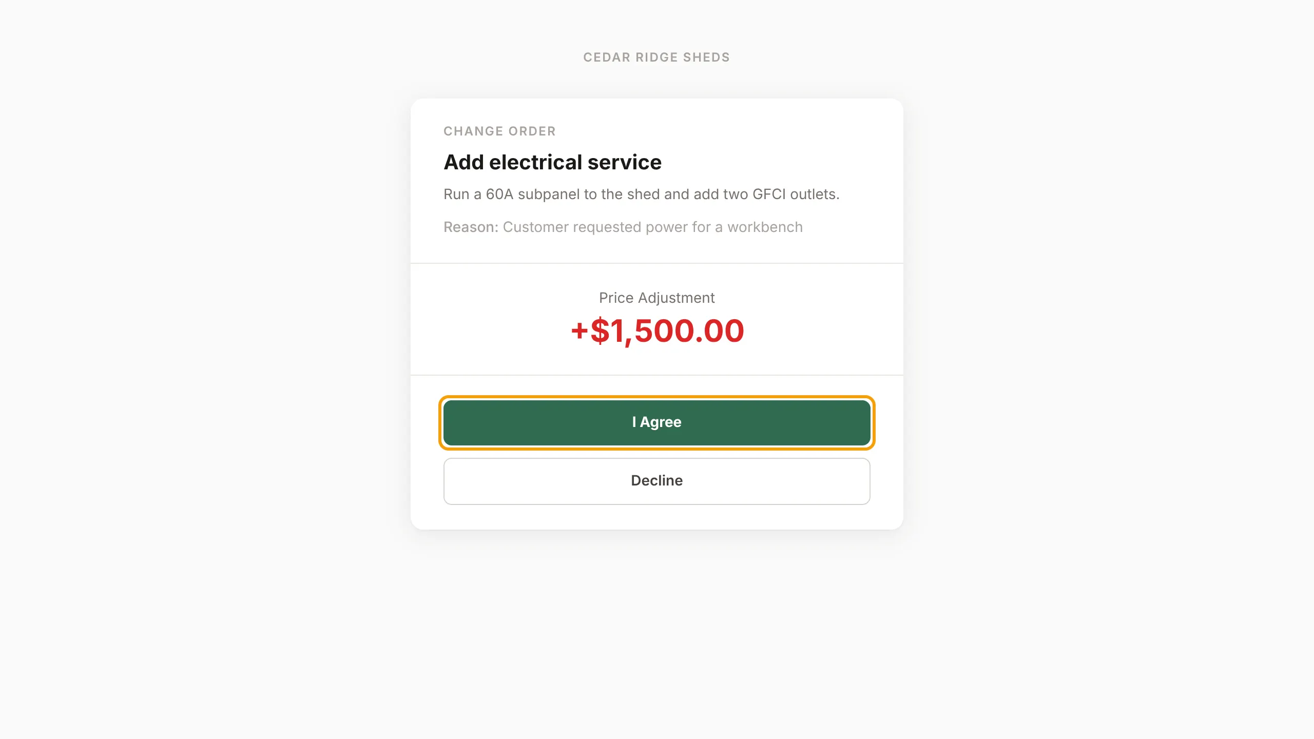 The customer's change-order page with the title, price adjustment and the I Agree button outlined.