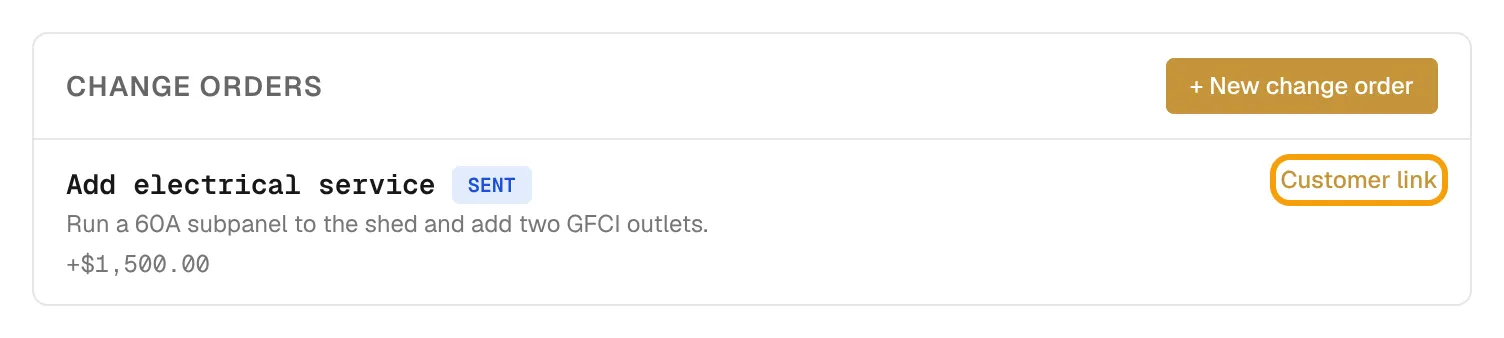 The Change Orders list with a sent change order and its Customer link outlined.
