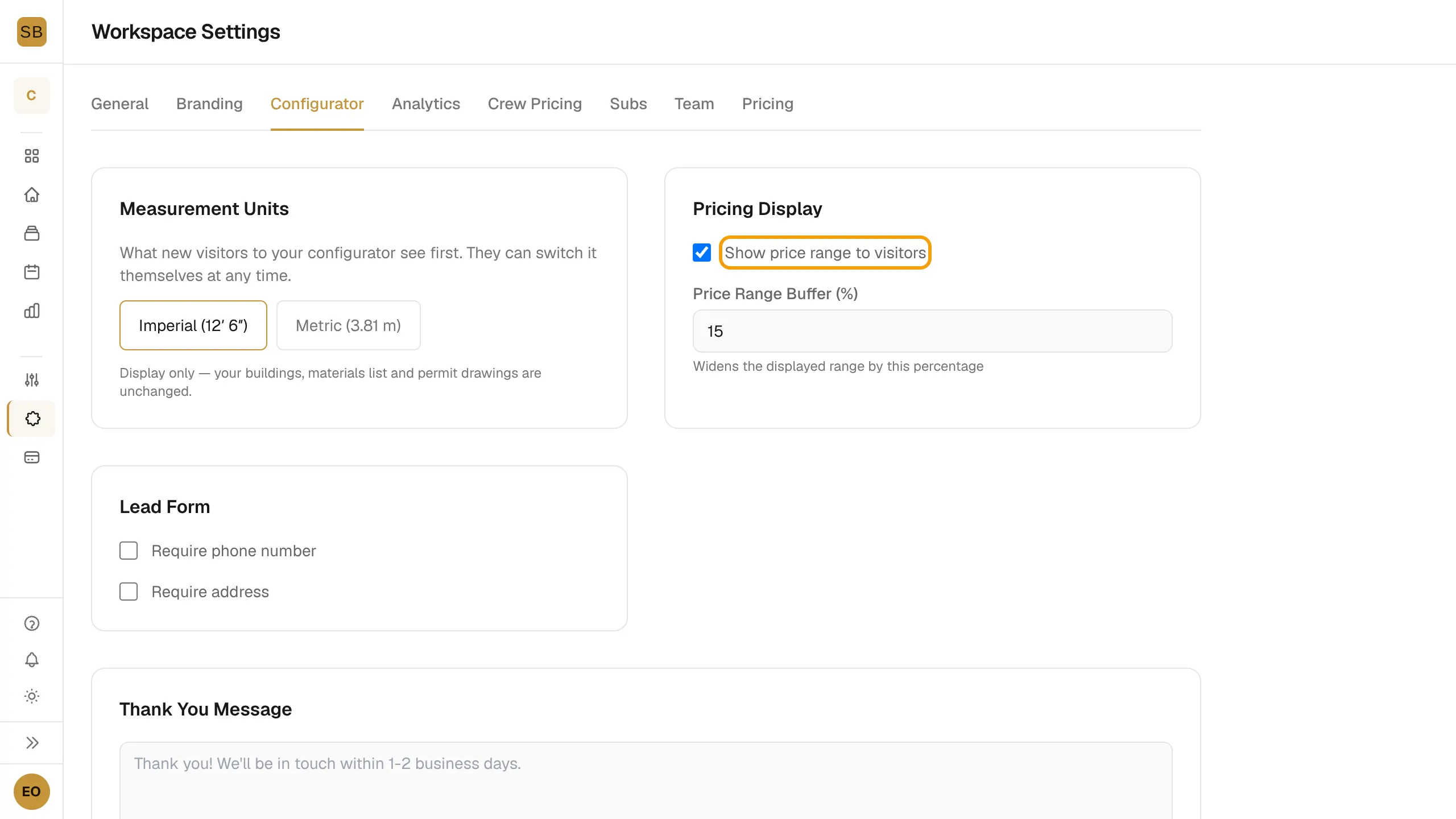 The Configurator tab with the measurement, pricing display and lead form options.