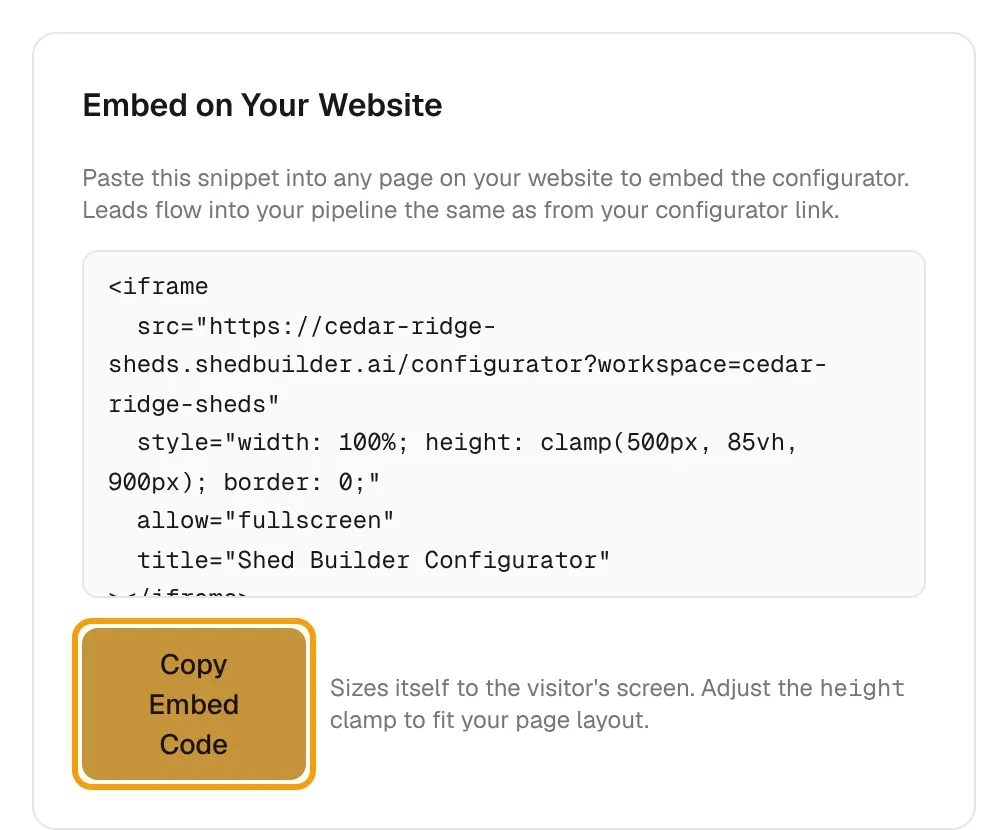 The Embed on Your Website card with the embed code and the Copy Embed Code button ringed.