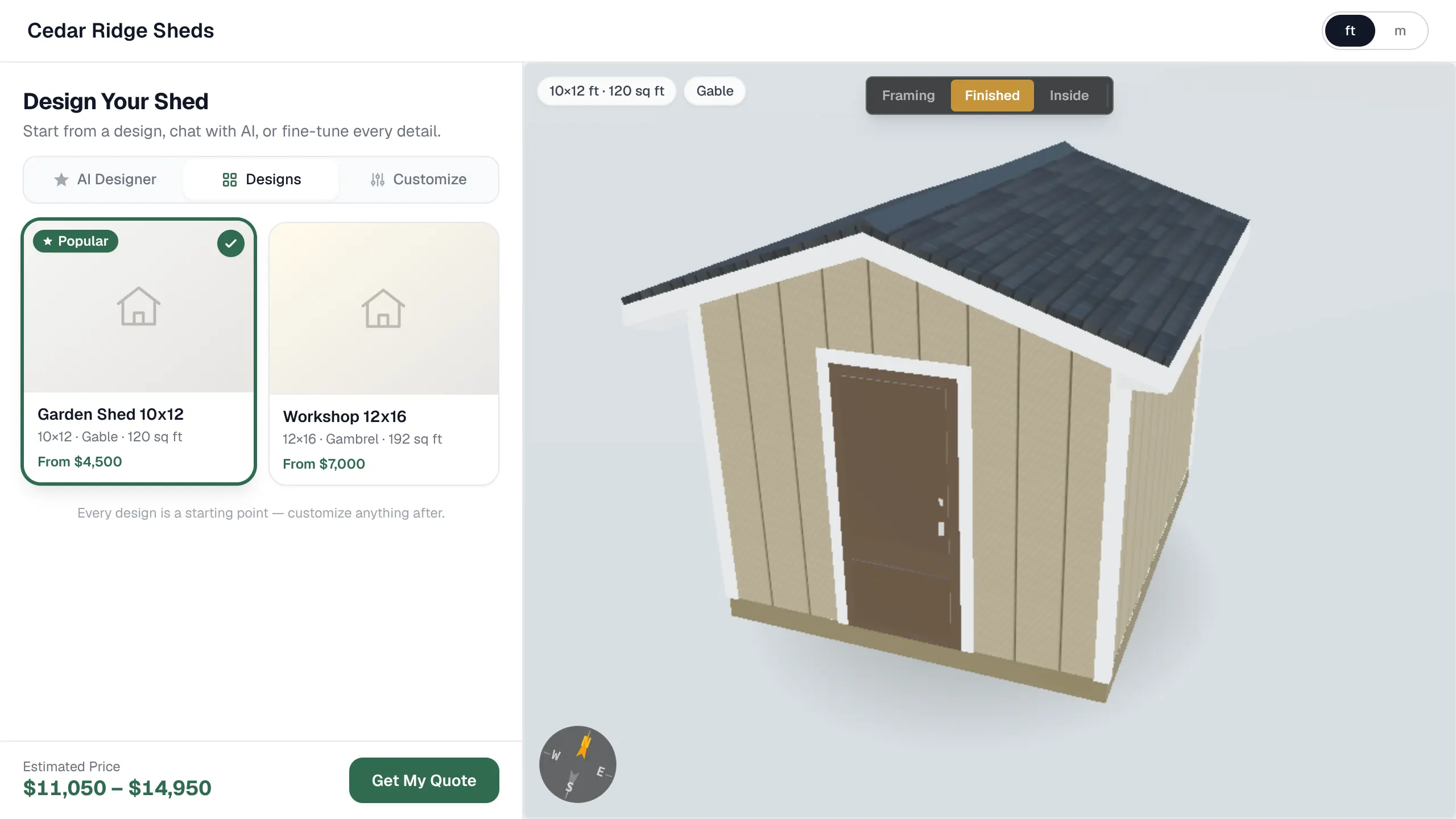 The public configurator as a visitor sees it: a design selected in the 3D view, the estimated price range and the quote button.