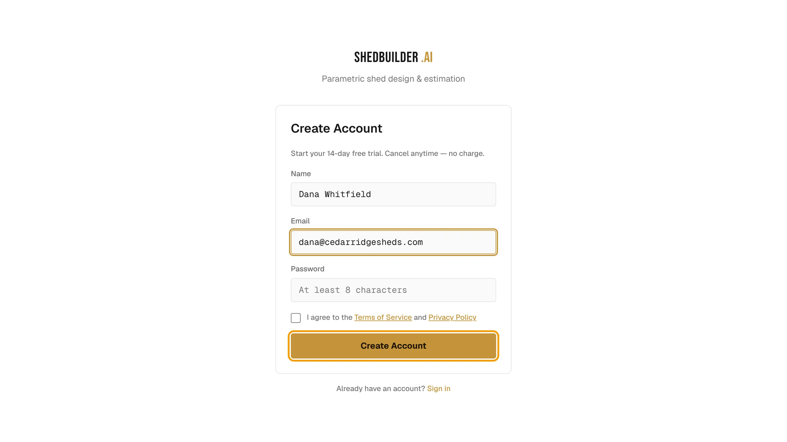 The sign-up form with Name and Email filled in and the Create Account button outlined.