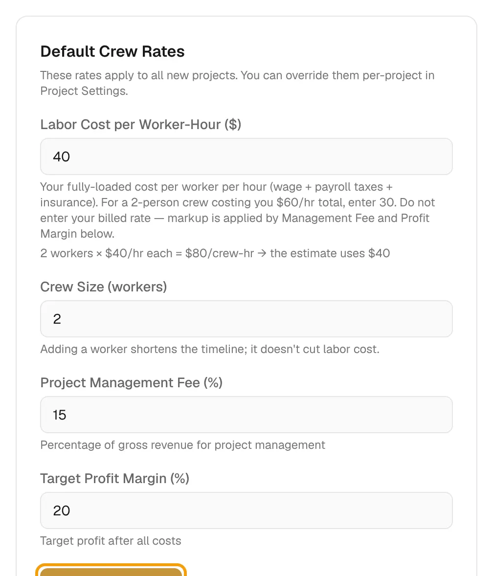 The Default Crew Rates card with labor cost, crew size, management fee and profit margin, and Save Crew Rates ringed.
