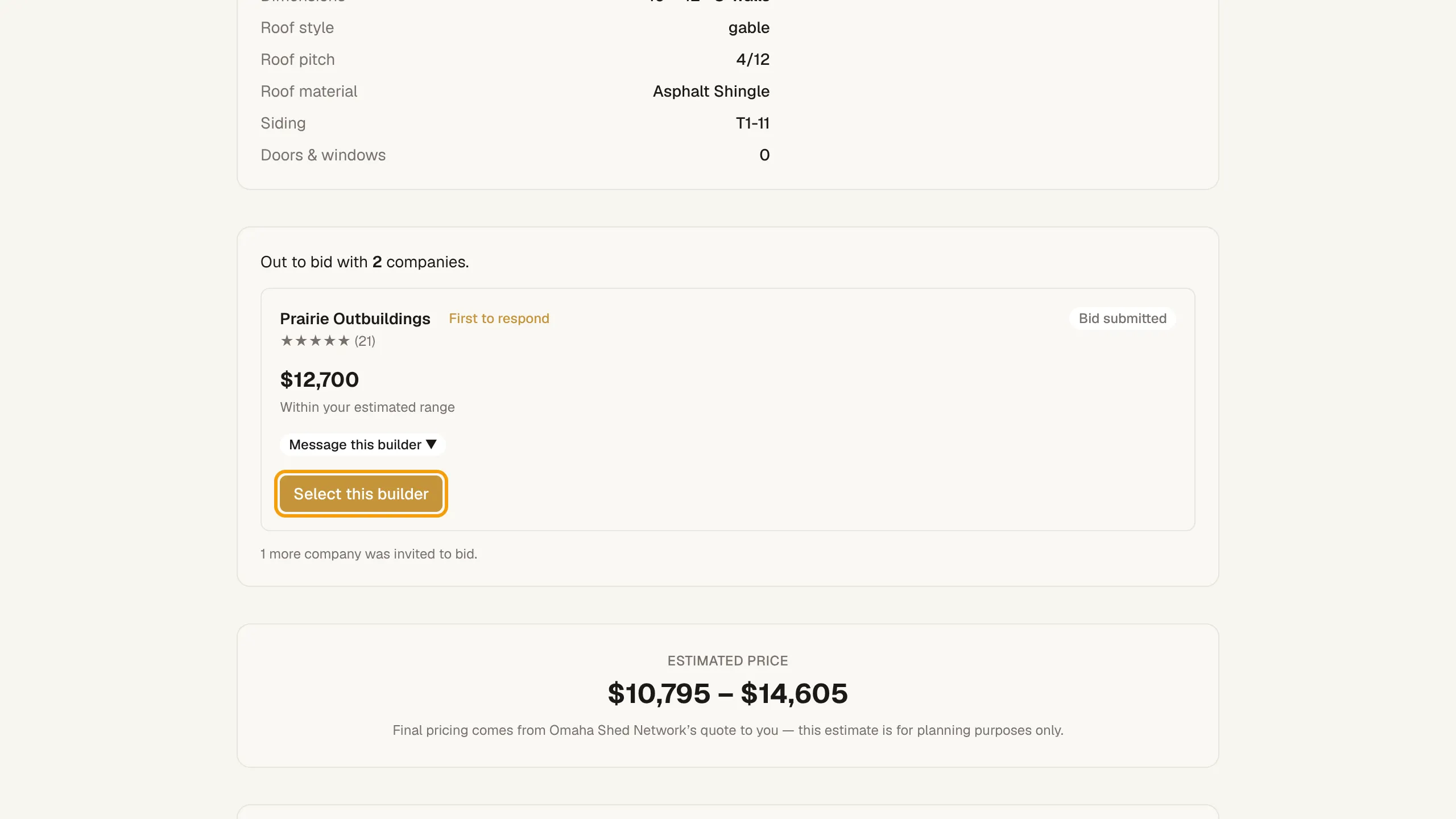 The Out to bid view with a builder's bid card and Select this builder outlined.