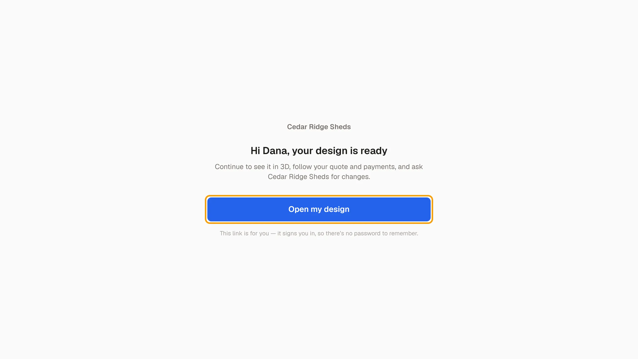 The design landing page with the Open my design button outlined.