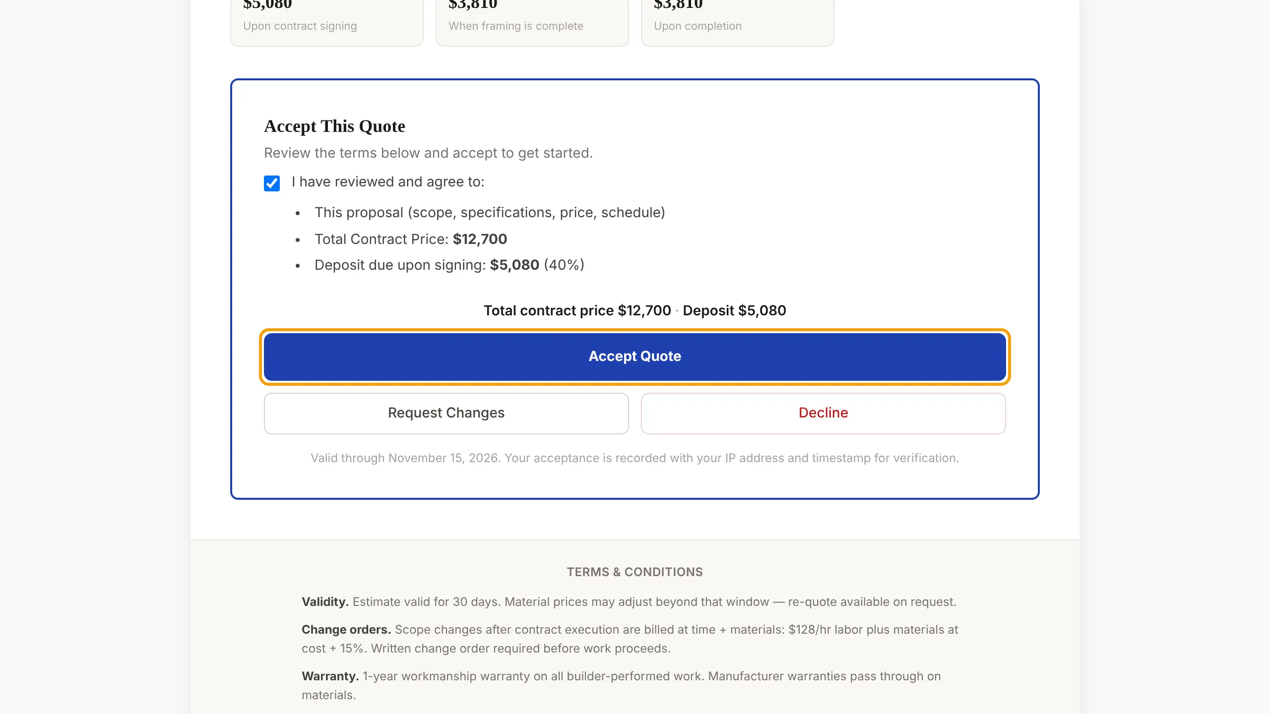 The agreement box ticked on the public quote page with the Accept Quote button outlined.