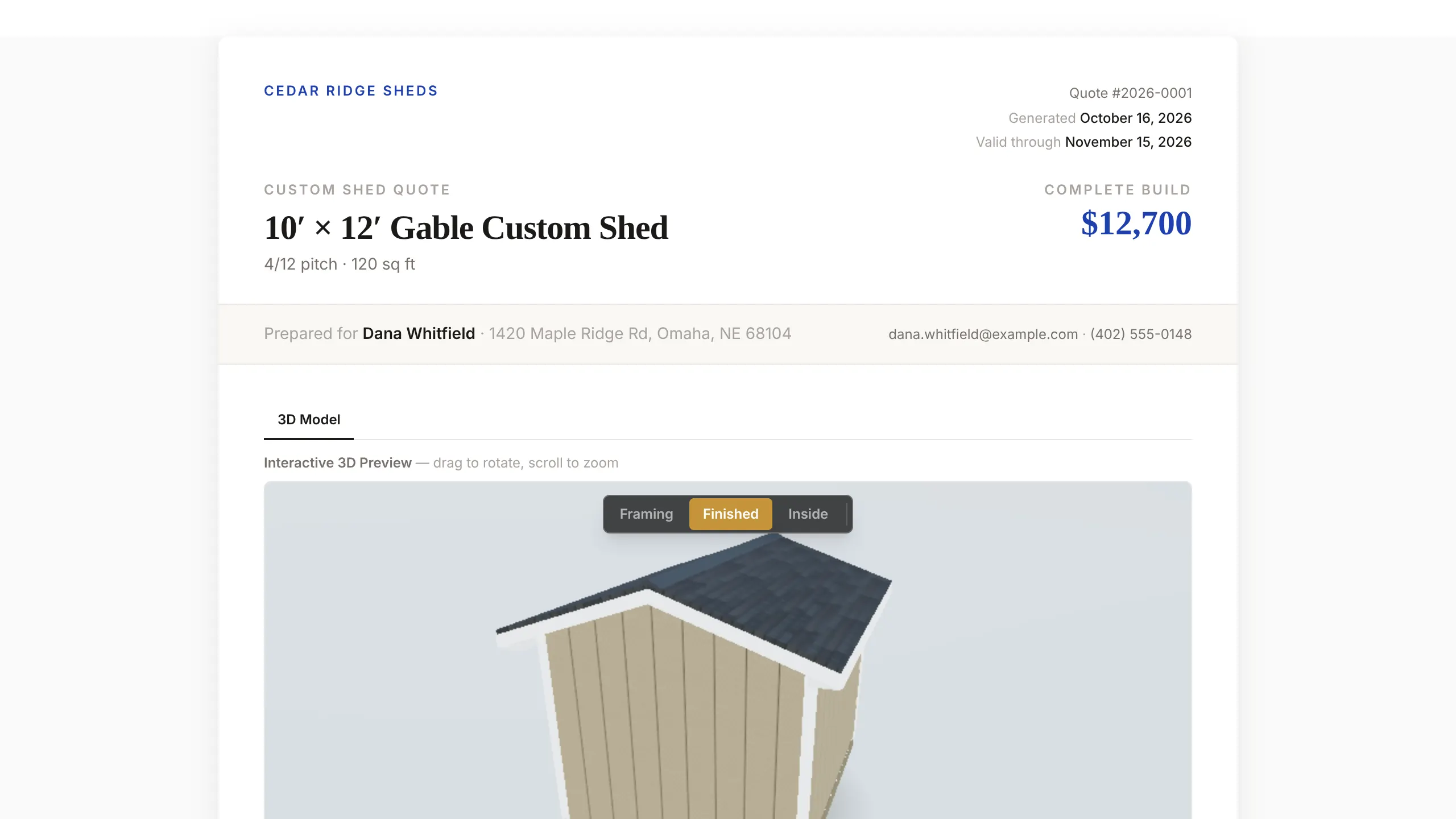The public quote page a customer opens from the emailed link, showing the design, price and payment schedule.