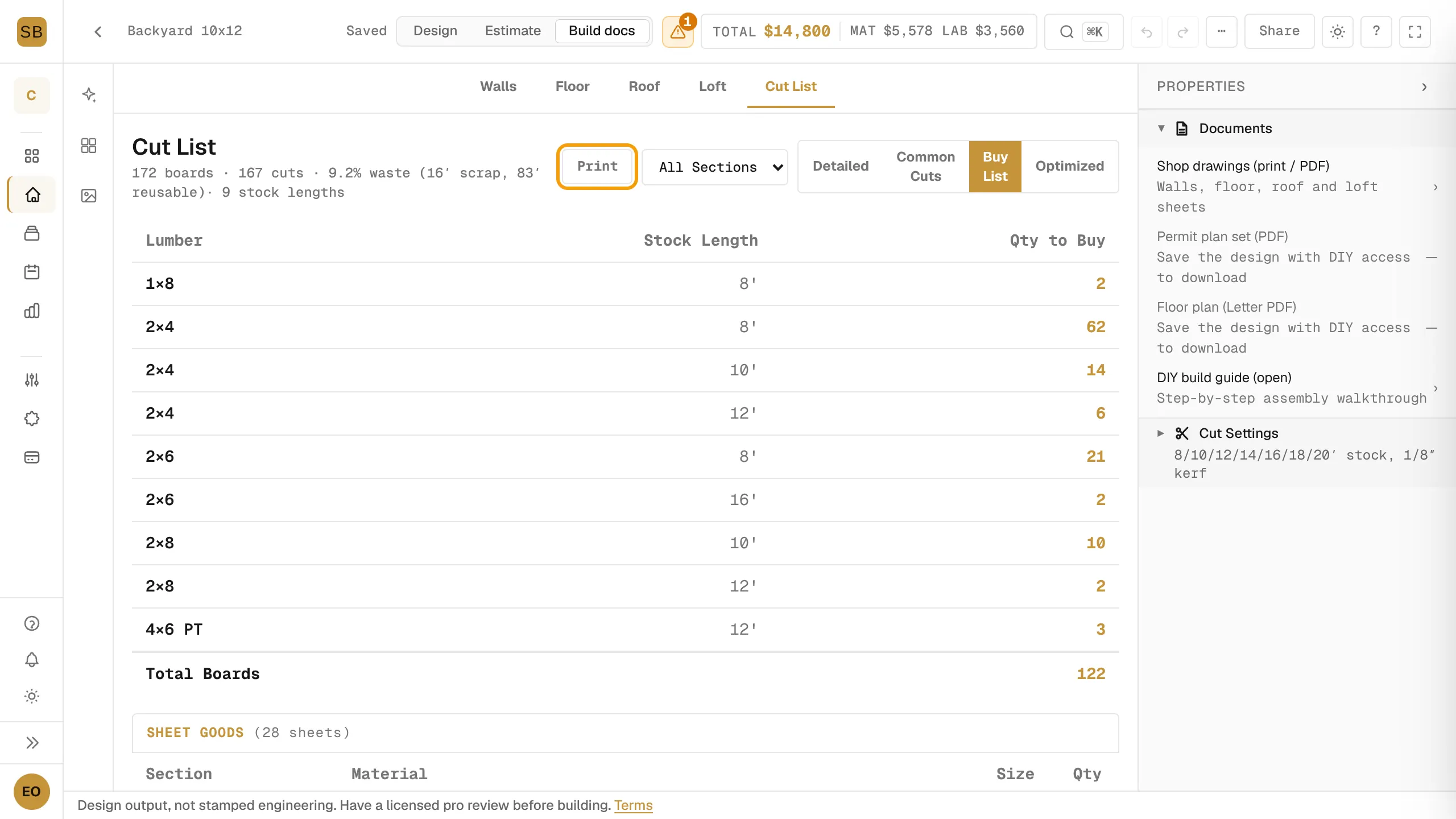 The Buy List view with the Print button ringed above the stock lengths to buy.
