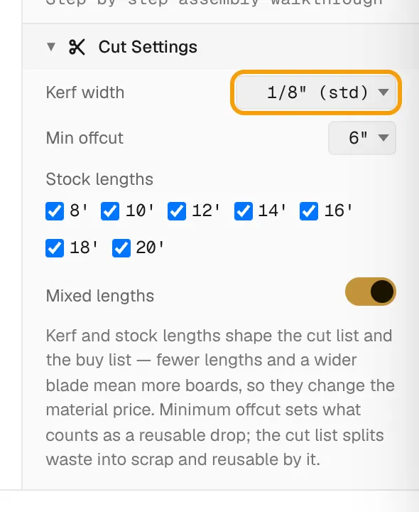 The Cut Settings section of the properties panel with Kerf width, Min offcut and stock length options.