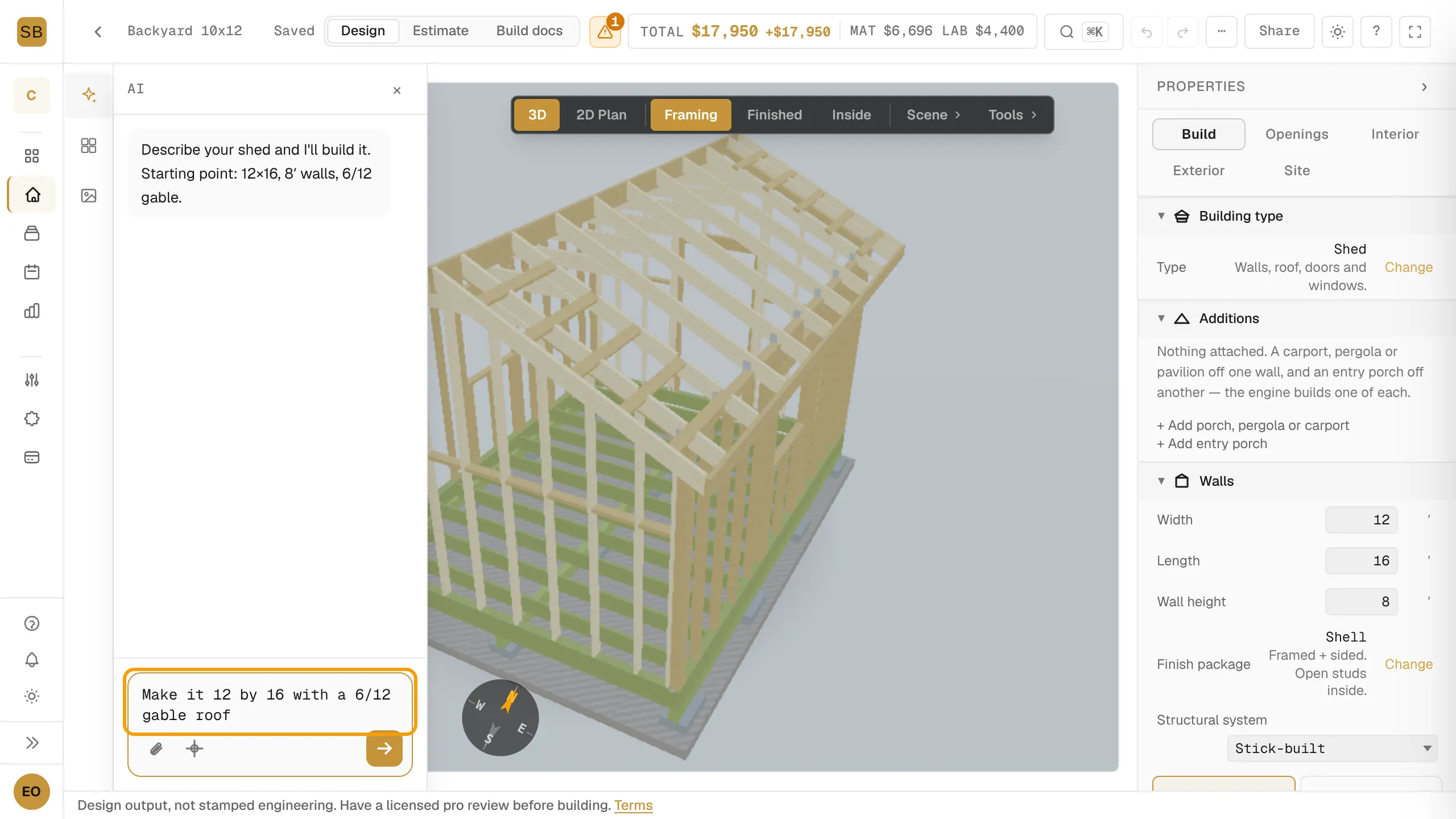 The AI chat open in the left rail with a request typed in the Describe your shed box.