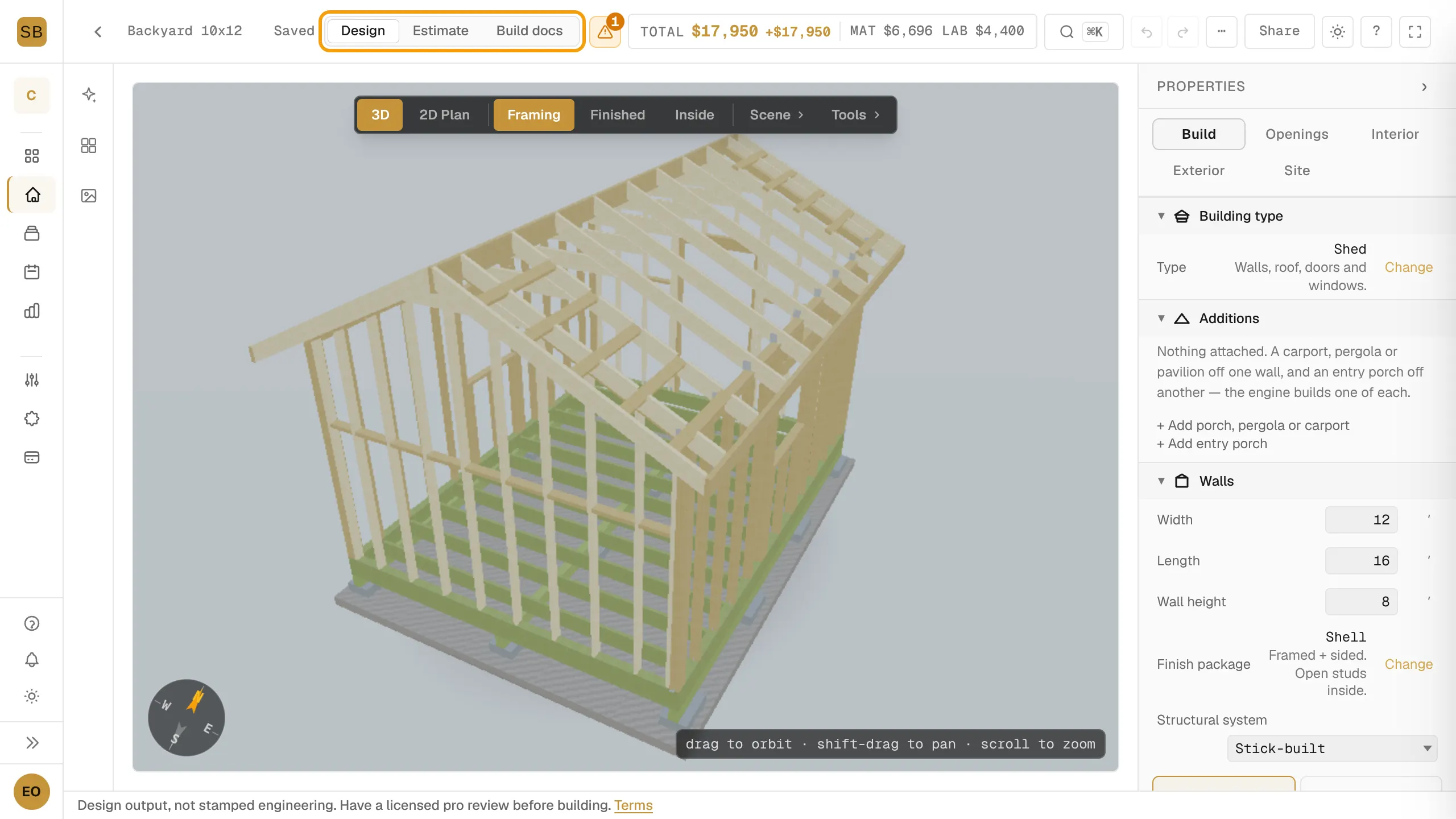 The designer top bar with the Design, Estimate and Build docs workspace switcher outlined.