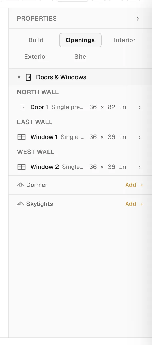 The Openings tab of the properties panel with the Doors & Windows section open.