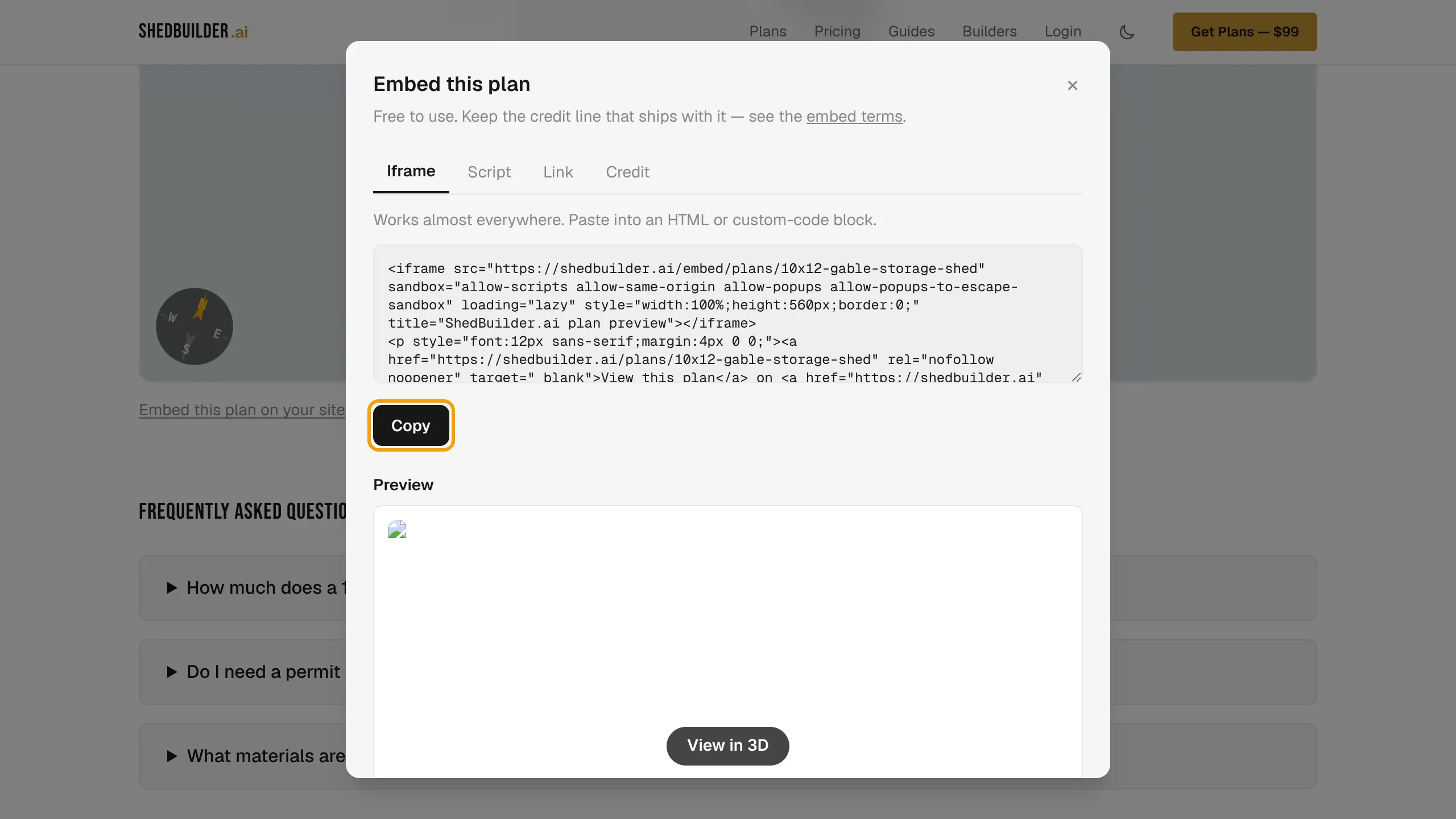 The Embed this plan dialog on the Iframe tab with the embed code and the Copy button ringed.