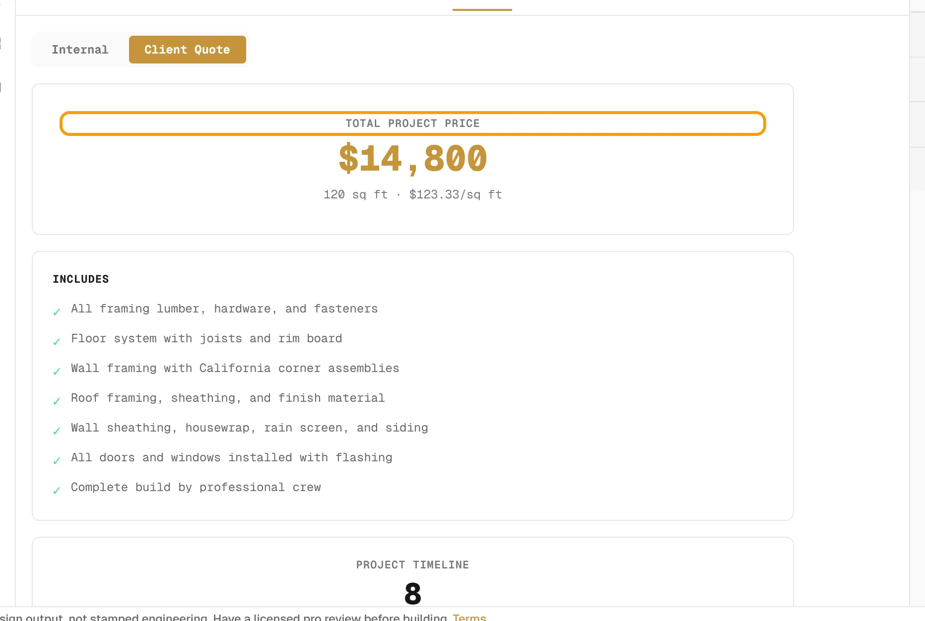 The Client Quote view showing Total Project Price, what it includes and the timeline.