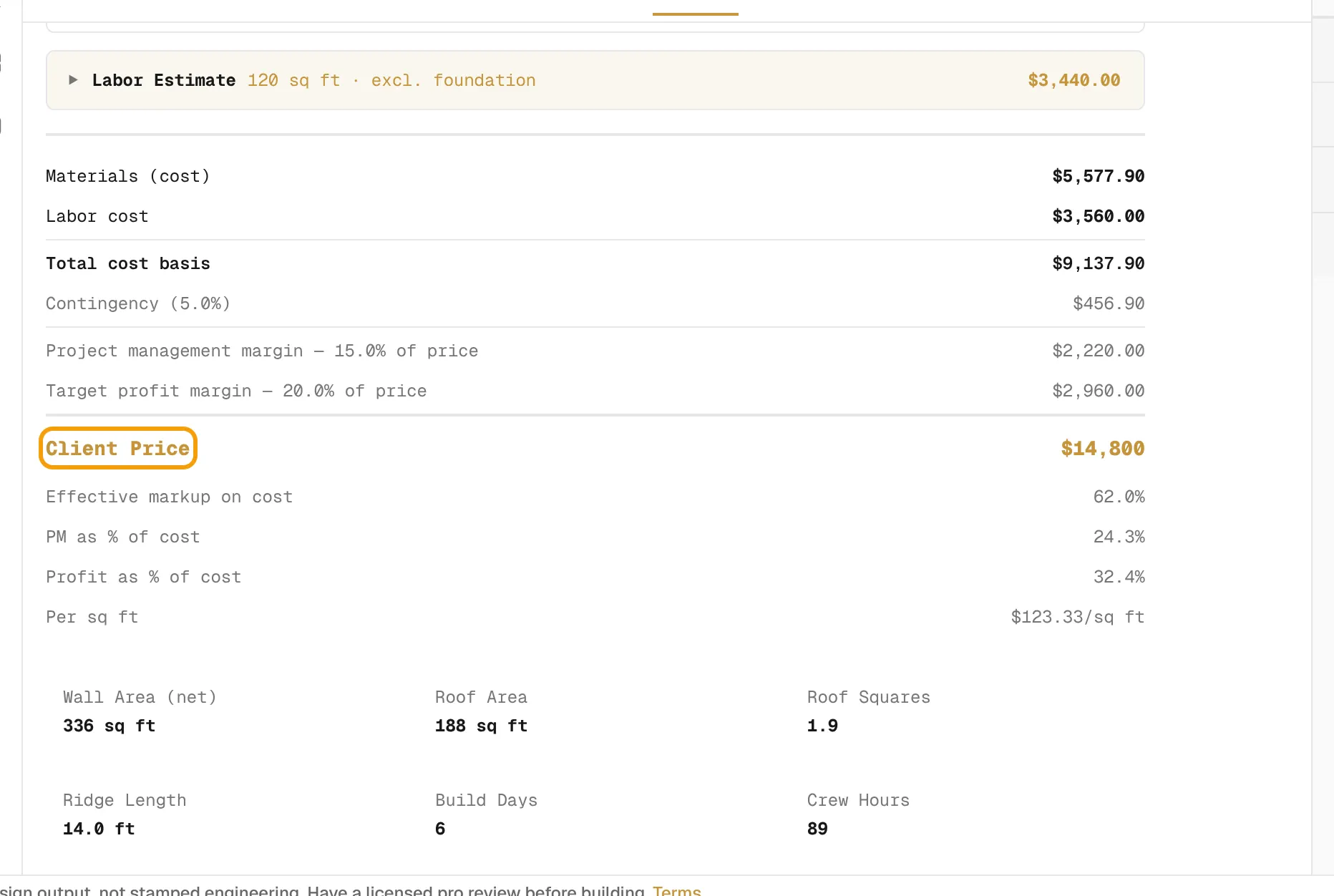 The Internal view totals: materials cost, labor cost, margins and the Client Price row ringed.